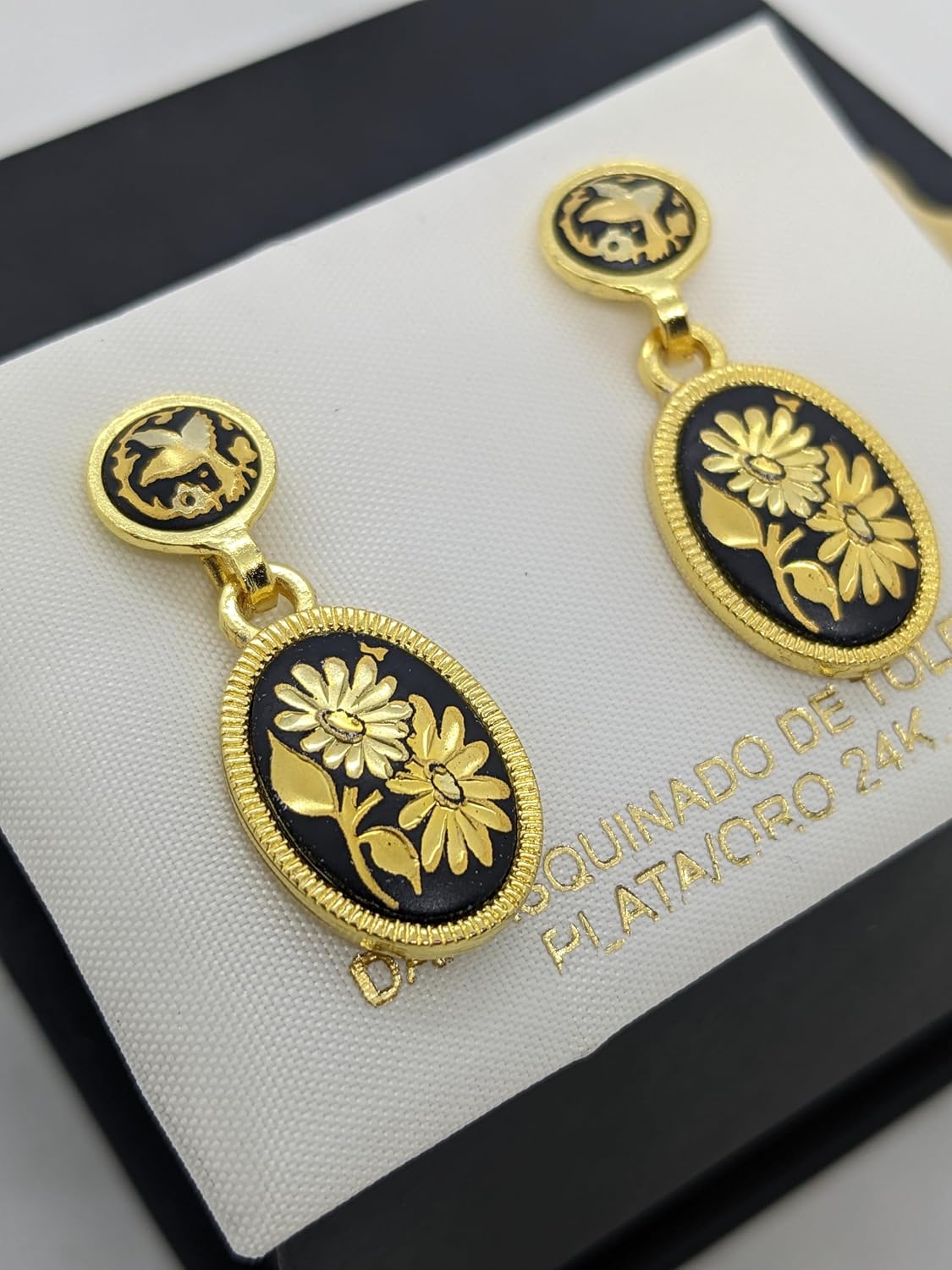 Vintage Damascene Spanish short drop earrings Spain 24K Gold and steel - Two flowers