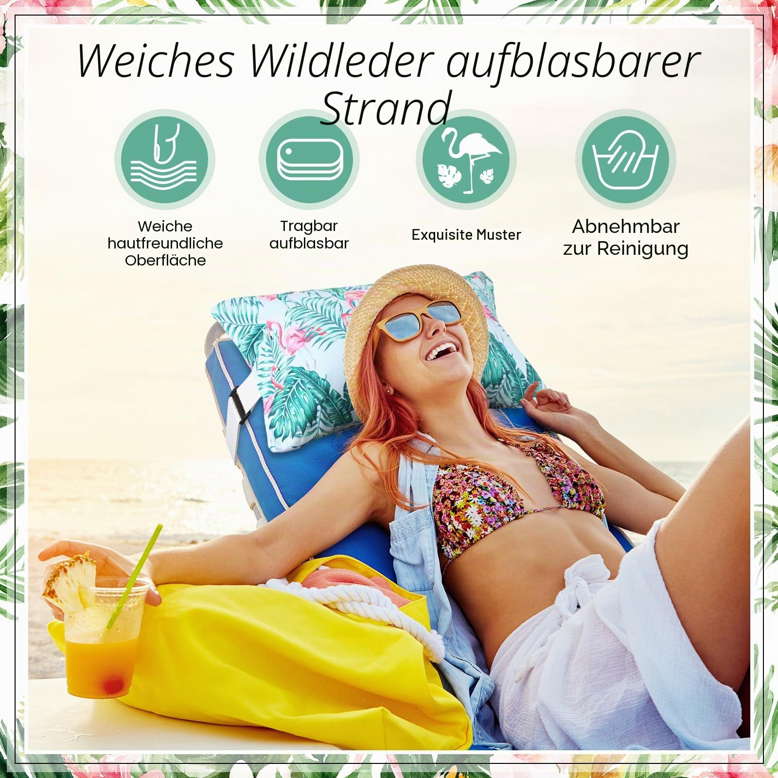 Menkxi Aufblasbares Strandkissen mit abnehmbarem Bezug, Outdoor-Pool-Kissen, Strandkorb-Kissen für Sand, aufblasbares Camping-Kissen für Reisen, Urlaub, tropischer Flamingo