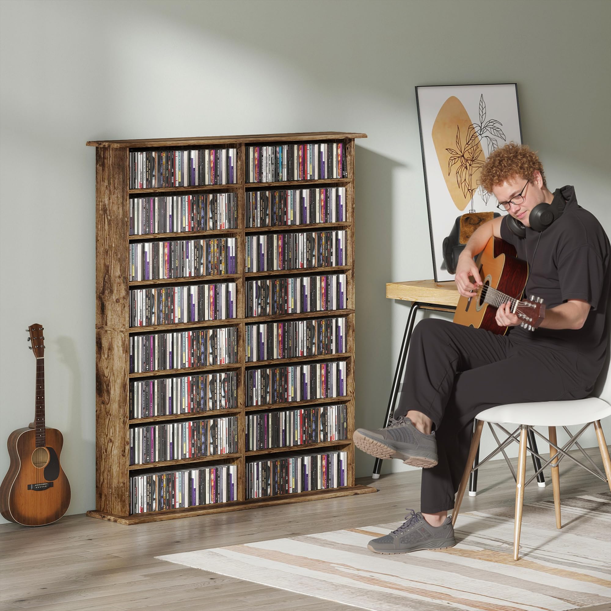HOMCOM CD- und DVD-Aufbewahrung, Multimedia-Aufbewahrung, max. 720 CD/396 DVDs und Blu-Rays, 16 Fächer und 12 verstellbare Einlegeböden, für Wohnzimmer, Schlafzimmer, 106,5 x 24 x 126,3 cm, Braun