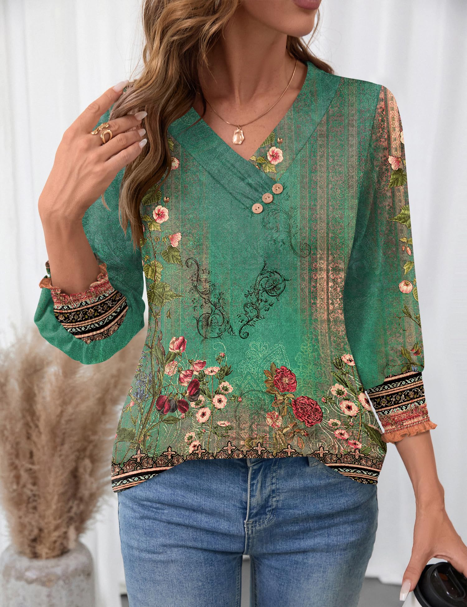Rapbin Bluse Damen 3/4 Arm Shirt Elegant V-Ausschnitt Tunika Sommer Tops Lässig Oberteil Mit Knopfleiste 2026