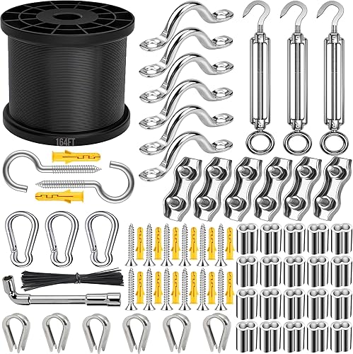Kit de cadena de luces para colgar 165 pies, kit de cable de acero inoxidable 304, capacidad de 480 libras, tensores ajustables y accesorios