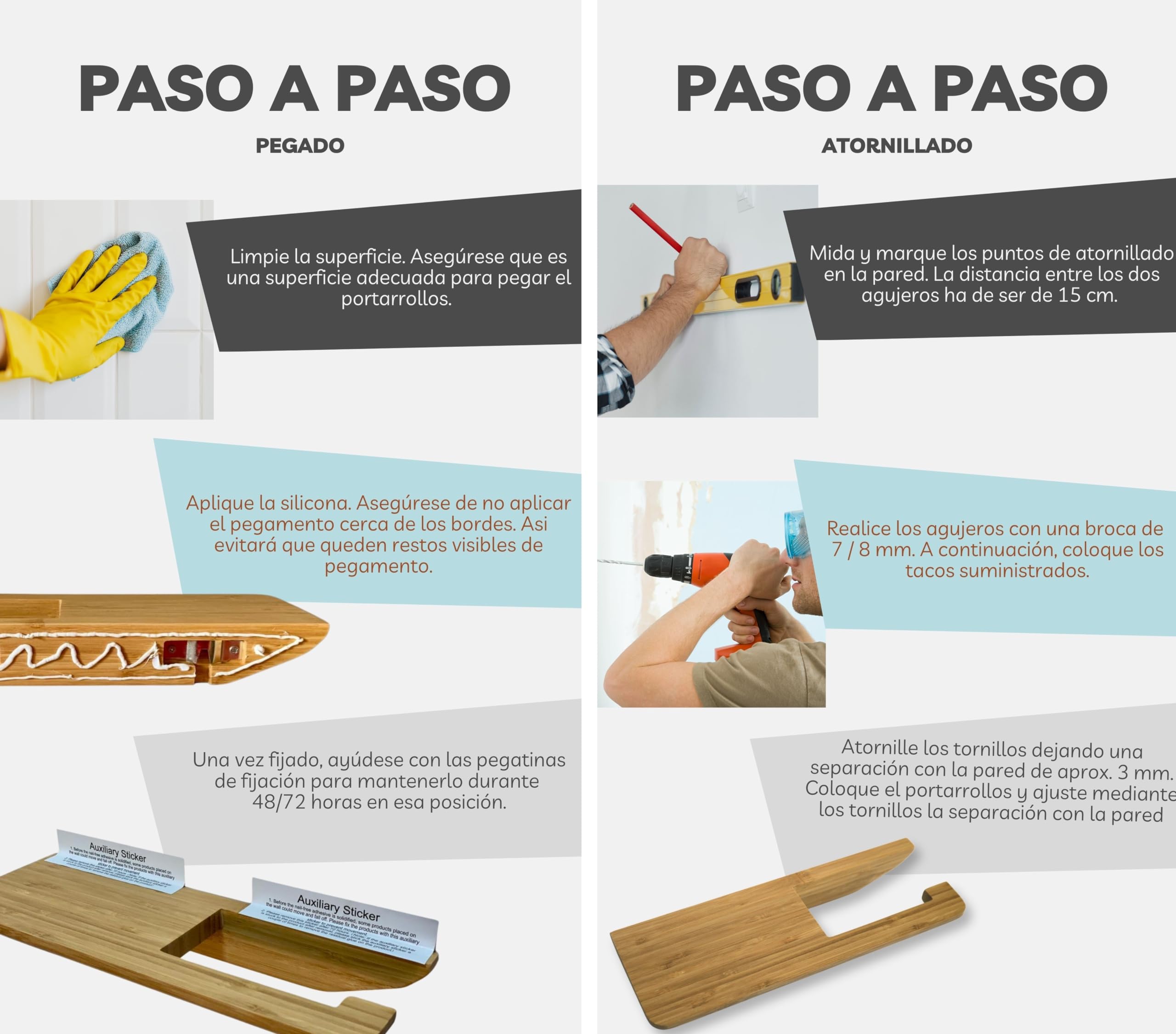 Portarrollos Papel Higiénico y Baño Sin Taladro Adhesivo | Soporte Bambu Decoración | Toilet Paper Holder | Soporte de Papel Higiénico + Toallero a Juego Disponible