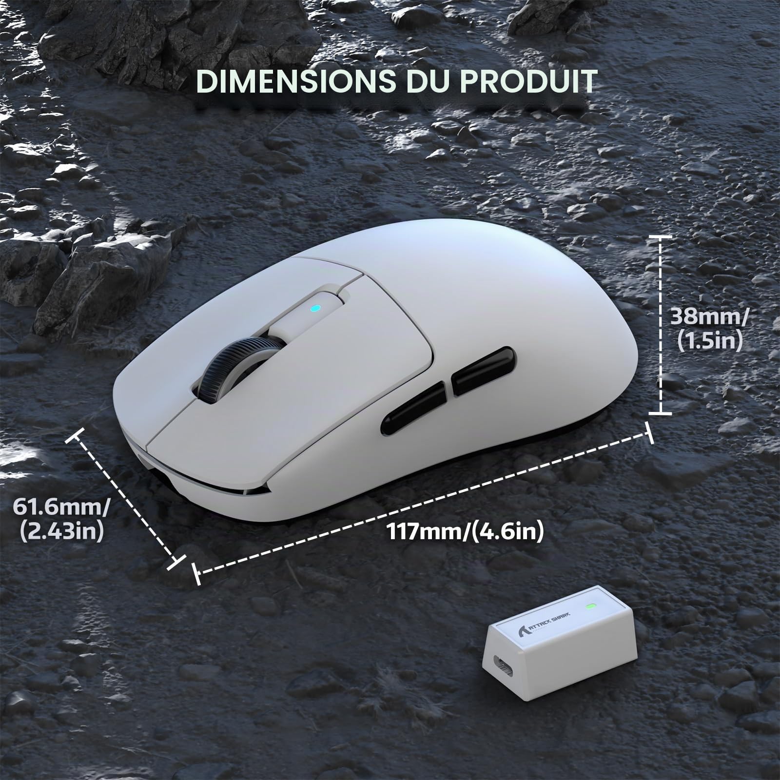 ATTACK SHARK R6Souris de Jeu sans Fil 8 kHz, Ultra légère 42 g, Nordic 52840 MCU, capteur de Jeu PixArt PAW3950MAX, BT/2,4 G/Filaire, 6 DPI réglables jusqu'à 42 000, Batterie 250 mAh, PC/Mac (Blanc)
