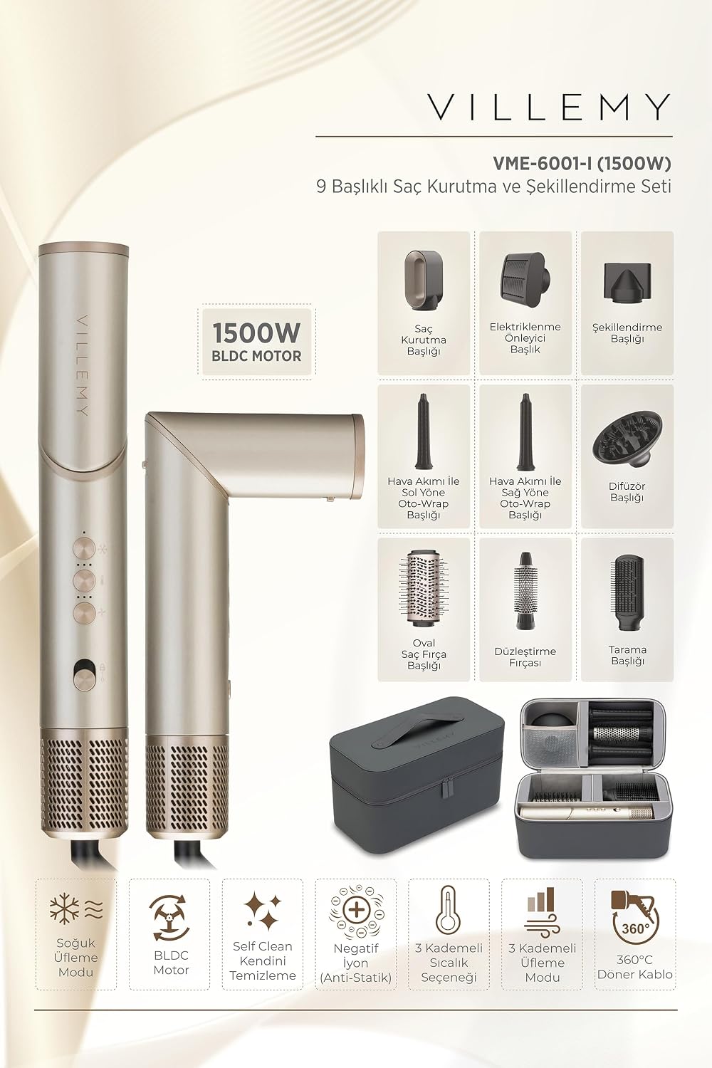Villemy 9'u 1 Arada Saç Kurutma ve Şekillendirme Seti, 1500W BLDC Motor, Negatif İyon, Self-Clean