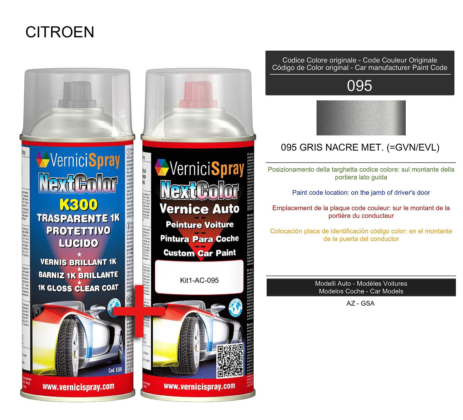 Automotive Touch Up Kit - Car spray paint in metallic/pearl colour 095 GRIS NACRE MET. (=GVN/EVL) and Gloss Clear Coat, 400 ml Spraycans by VerniciSpray