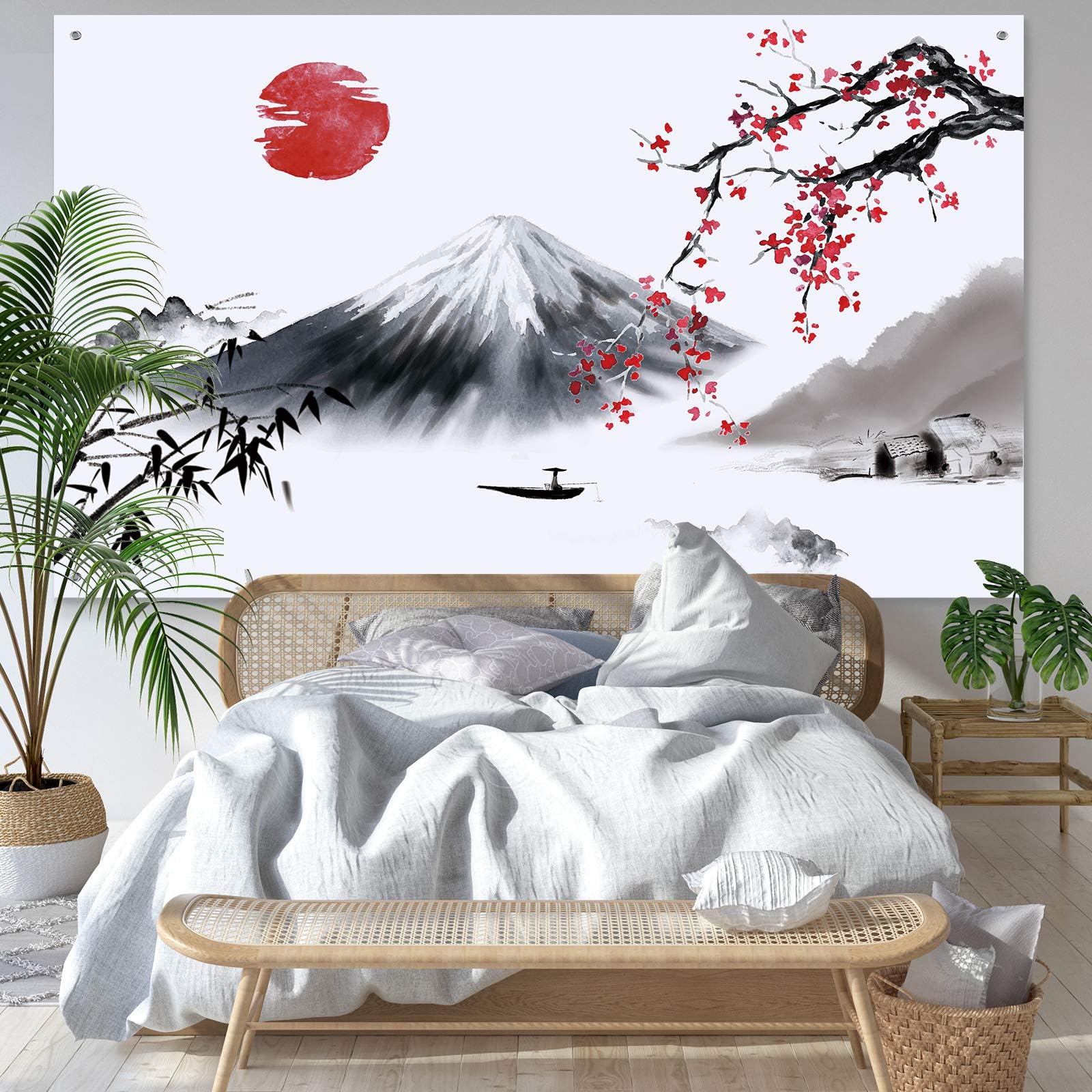 Japanese Wall Hanging Photo Banner Asian Mount Fuji Red Sun Backdrop Japanese Landscape Nature Background for Japanese Party, 72.8 x 43.3 Inch