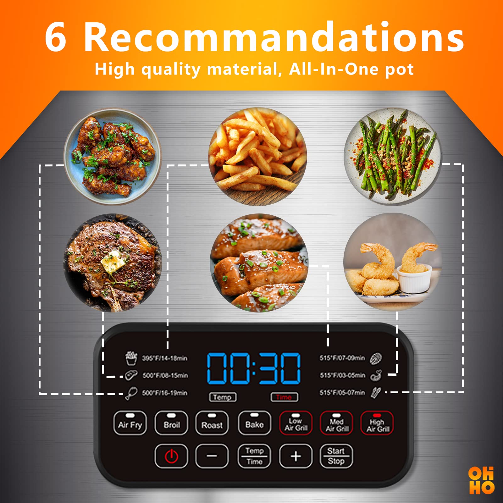 OHHO Stainless Steel 7In1 Air Fryer Grill 6.5QT Combo with Digital