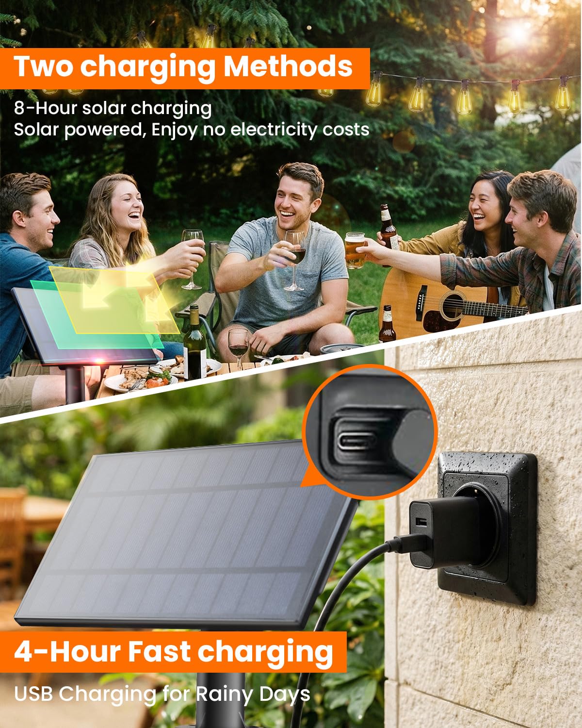VOLIVO ST38 Solar-Lichterkette, wasserdicht, Terrassen-Lichter, solarbetrieben mit Fernbedienung und USB-Anschluss, 16 + 1 LED, bruchsichere Glühbirnen, 8 Lichtmodi, dimmbare Solarleuchte für Camping