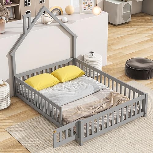 AOCOROE Marco de cama Montessori de tamaño matrimonial con rieles y puerta. Marco de cama matrimonial de madera con altura de suelo para niños y