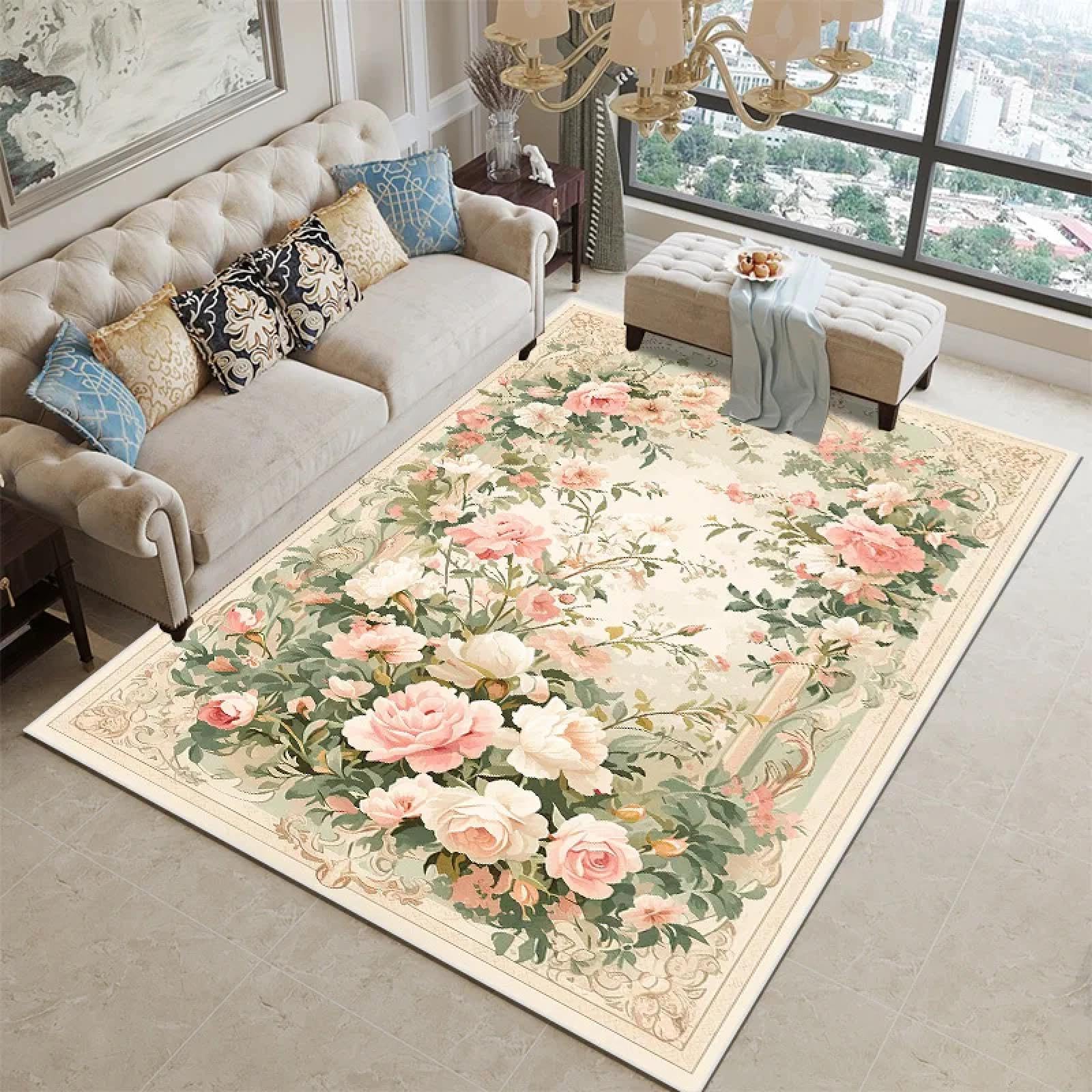 Grand tapis floral pour salon en flanelle lavable 100 x 160 cm