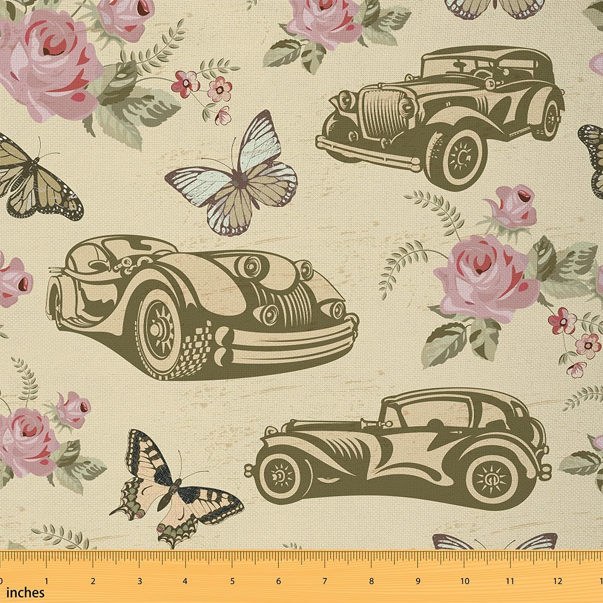 Retro Cars Fabric by The Yard,Watercolor Flowers Leaves Butterflies Indoor Outdoor Fabric,70s 80s Vintage Style Waterproof Outdoor Fabric,Farmhouse Rustic Style Sewing Supplies,3 Yards โ image 1