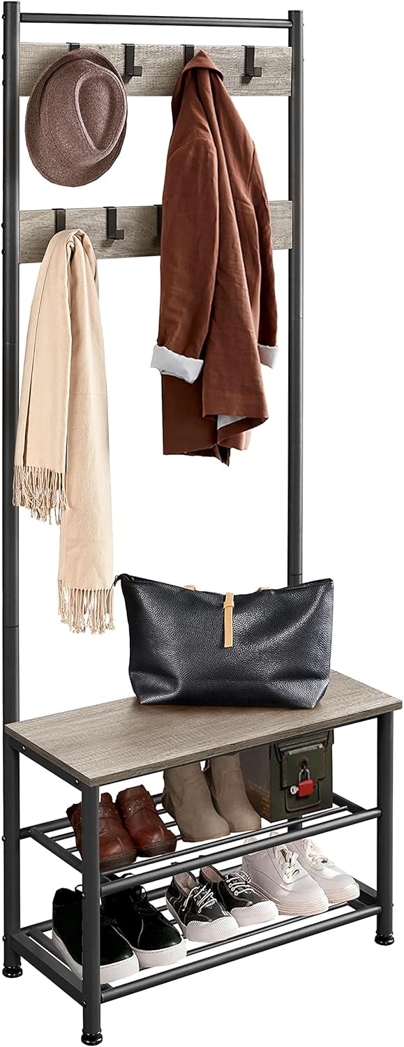 Assembled Yaheetech coat rack with a hat, coat, scarf, bag, and shoes displayed.