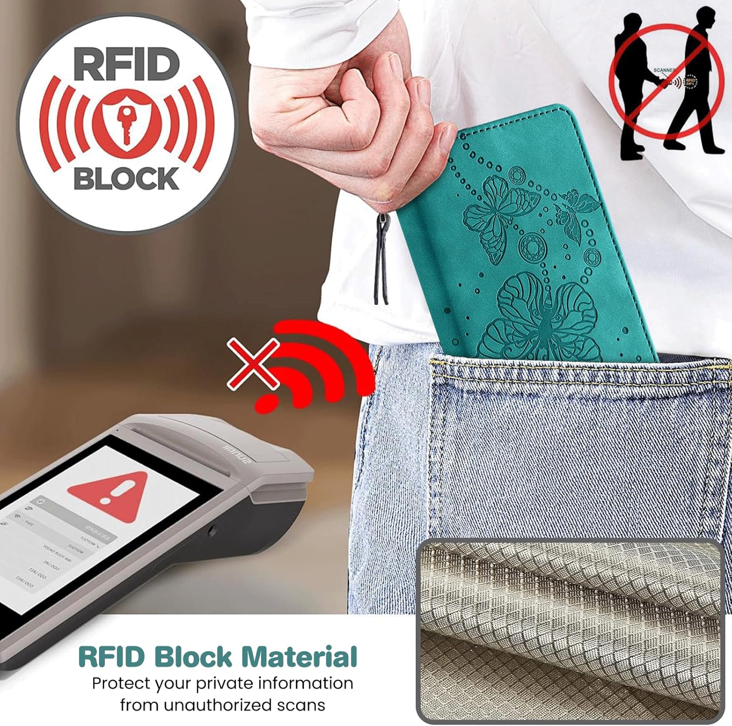 Case Wallet for iPhone 15 Pro Max, [RFID Blocking] 3 Card Holder Stand [Shockproof TPU Shell], PU Leather Magnetic Closure Protective Flip Cover 6.7-inch, Turquoise - Image 4