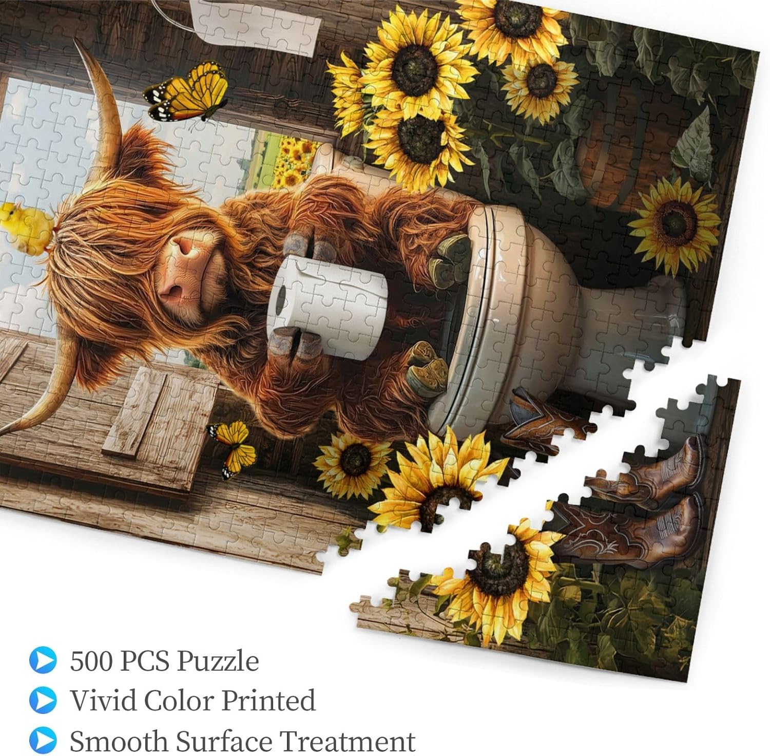 Funny Highland Cow Puzzle Cow Bathroom Jigsaw Puzzles 500 Piece for Adult Sunflower Rustic Animals Wooden Puzzles for Challenging Family Activity