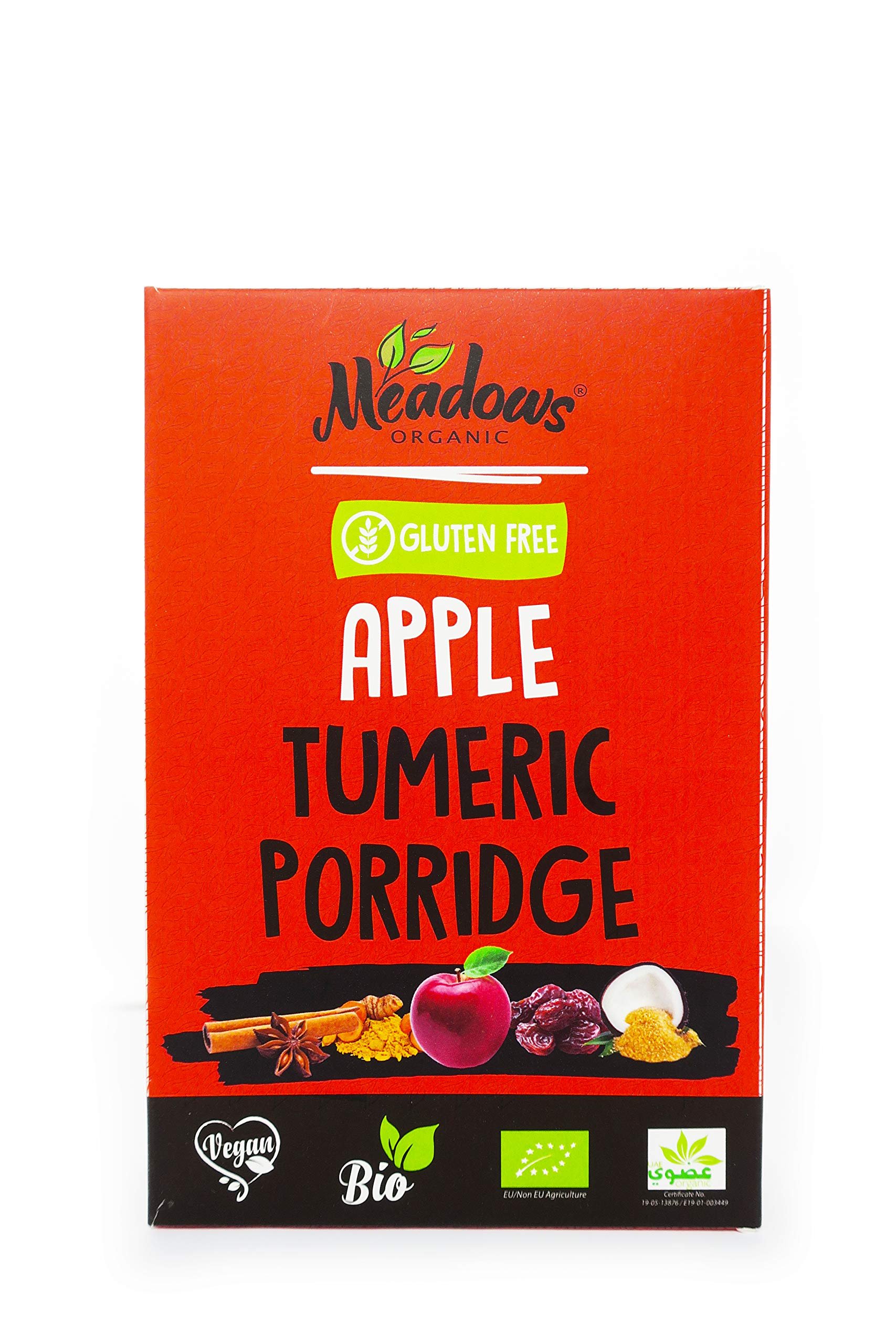 Meadows OrganicGluten Free & Vegan Apple Tumeric Porridge 400g - Great Source of Fiber, Contains Flax Seeds, Sweetened with Coconut Sugar. Made With No Refined Sugar