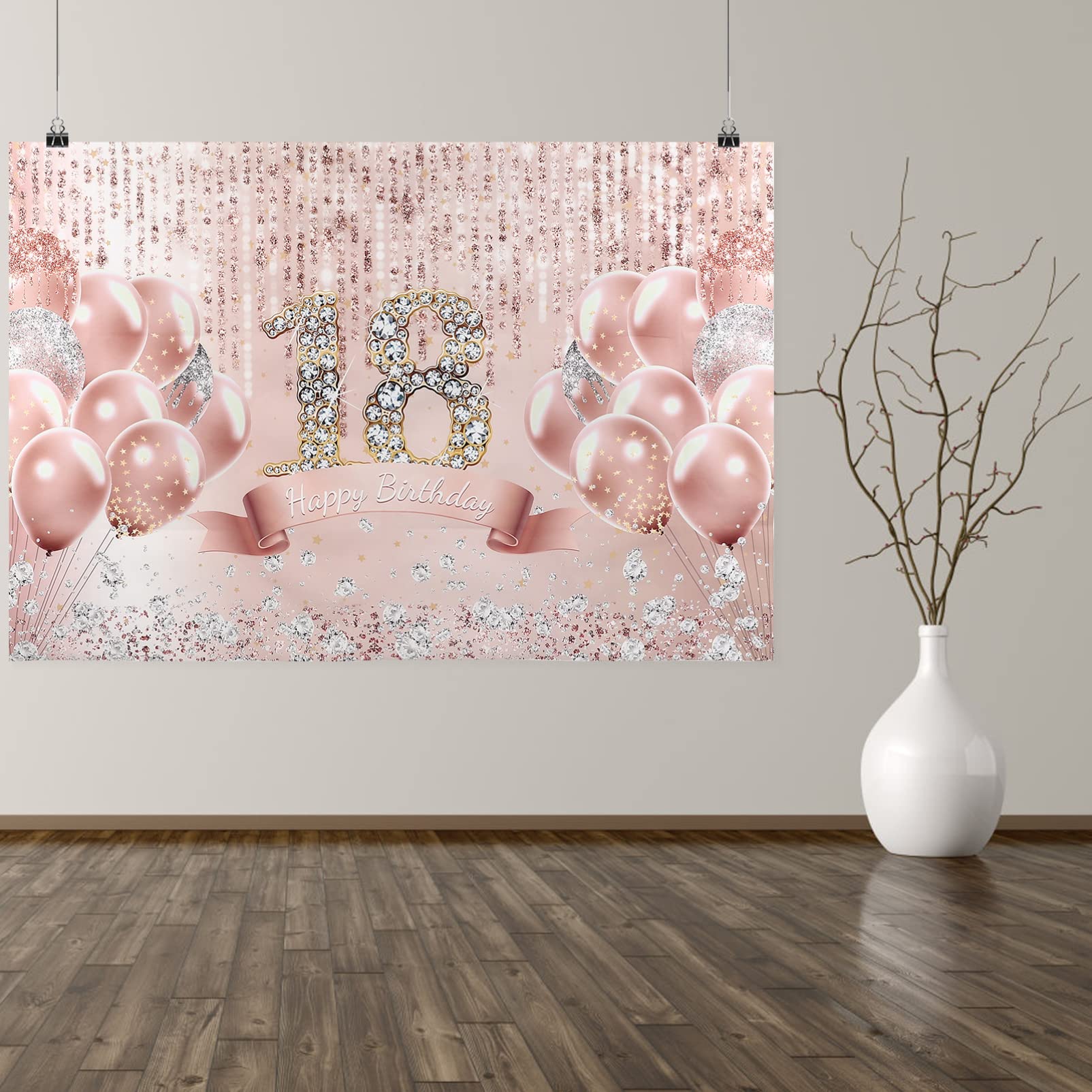 Bannière Joyeux 18 Ans – 150x90 Cm, Tissu Vinyle, Décoration Fête Anniversaire Fille, Rose Avec Paillettes