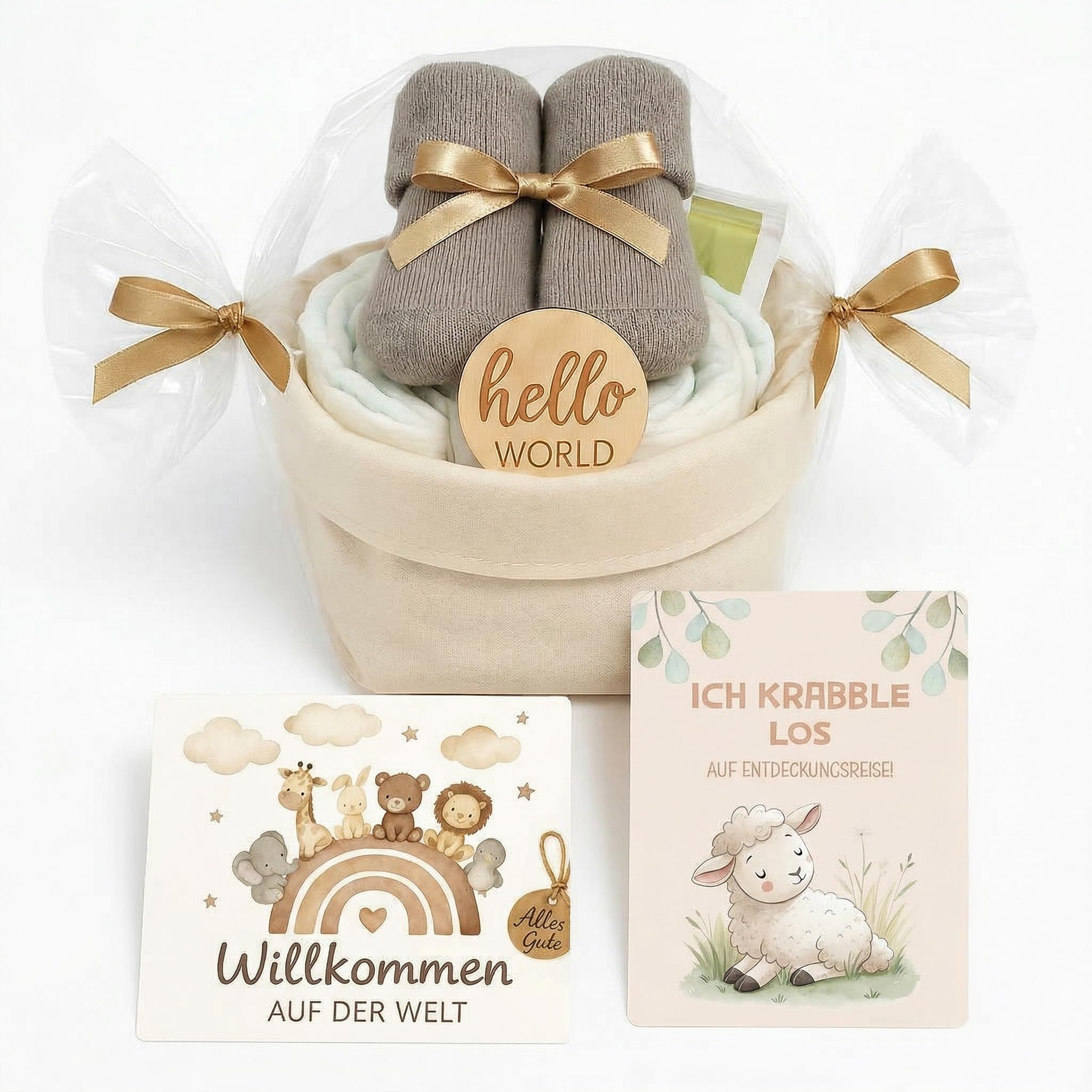 Windeltorte Mädchen & Junge - Boho Vintage [Handmade] – Baby Geschenk zur Geburt im Canvas Organizer mit Hello World Schild, Babysocken & Bio-Tee – Windeltorte Neutral