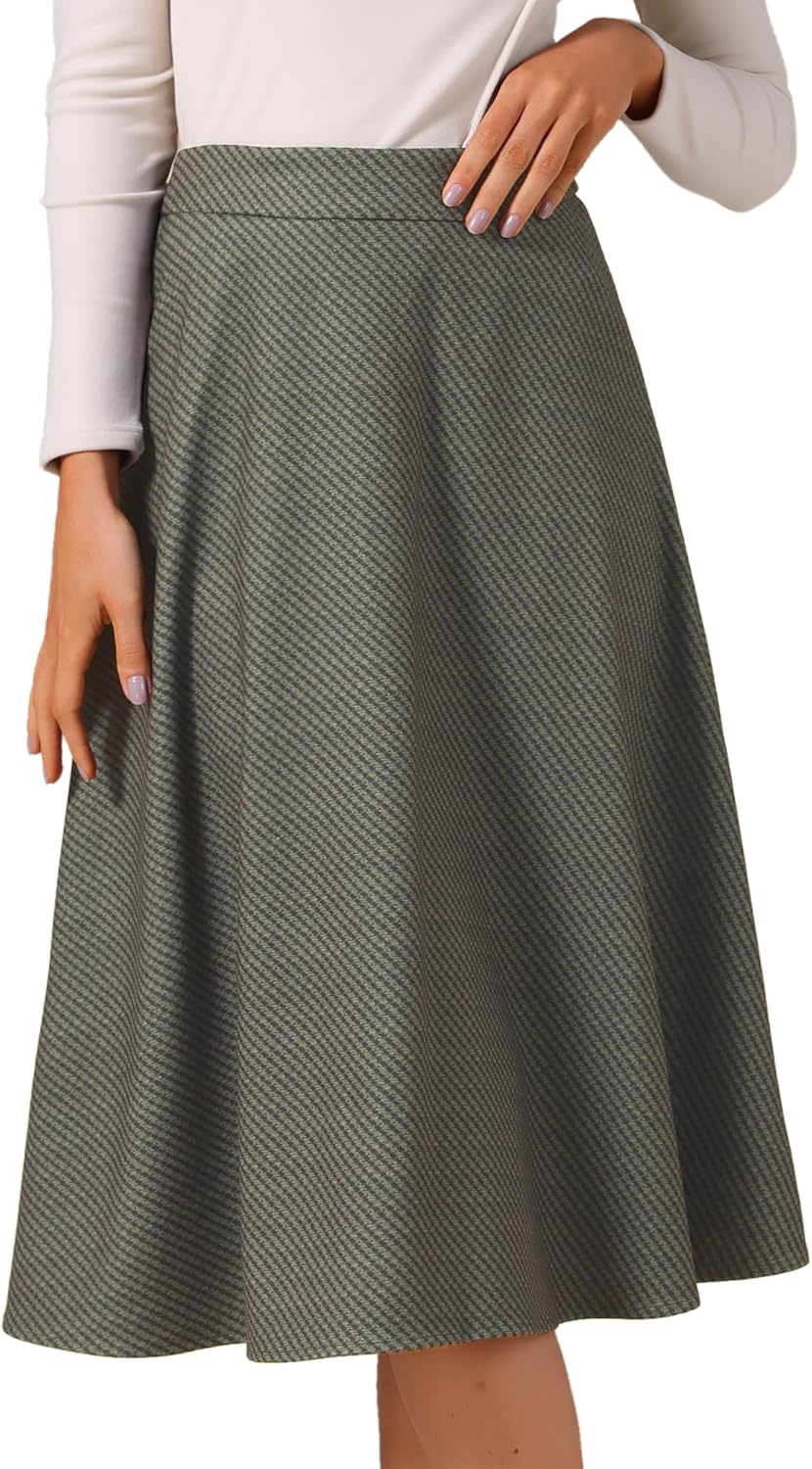 Allegra K Women's Houndstooth Plaid Midi Skirt Vintage High Waist Fall Winter A-Line Skirts