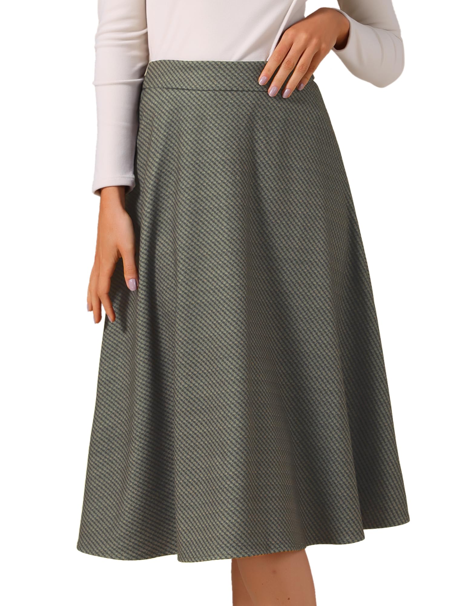 Allegra K Womens Houndstooth Plaid Midi Skirt Vintage High Waist Fall Winter A-Line Skirts