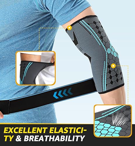 Miniatura 10 de HiRui Paquete de 2 coderas para hombres y mujeres, coderas de compresión con correas ajustables, codo de tenis, tratamiento de codo de golfista,