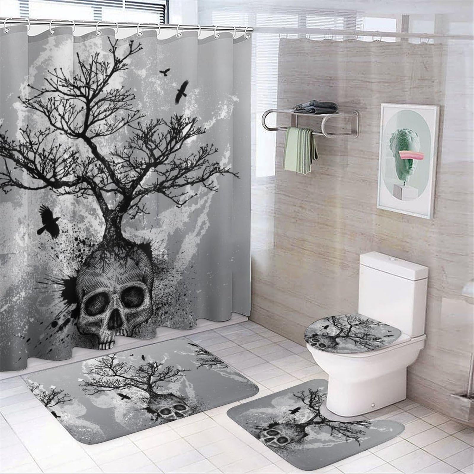 JZemdybill Bathroom Mat Set 4 Piece, Horror Skull Tree Shower Curtain with Non-Slip Bath Mats for Bathroom