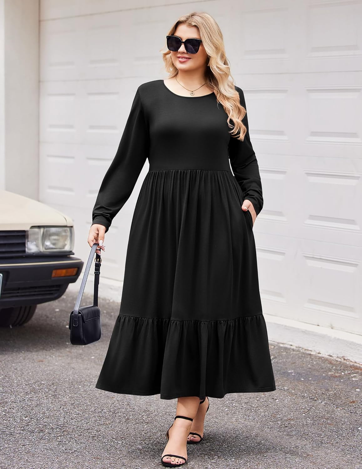 IN'VOLAND Women Plus Size Long Sleeve Dress Loose Casual Flowy Tiered Long Maxi Dresses with Pockets - Image 2
