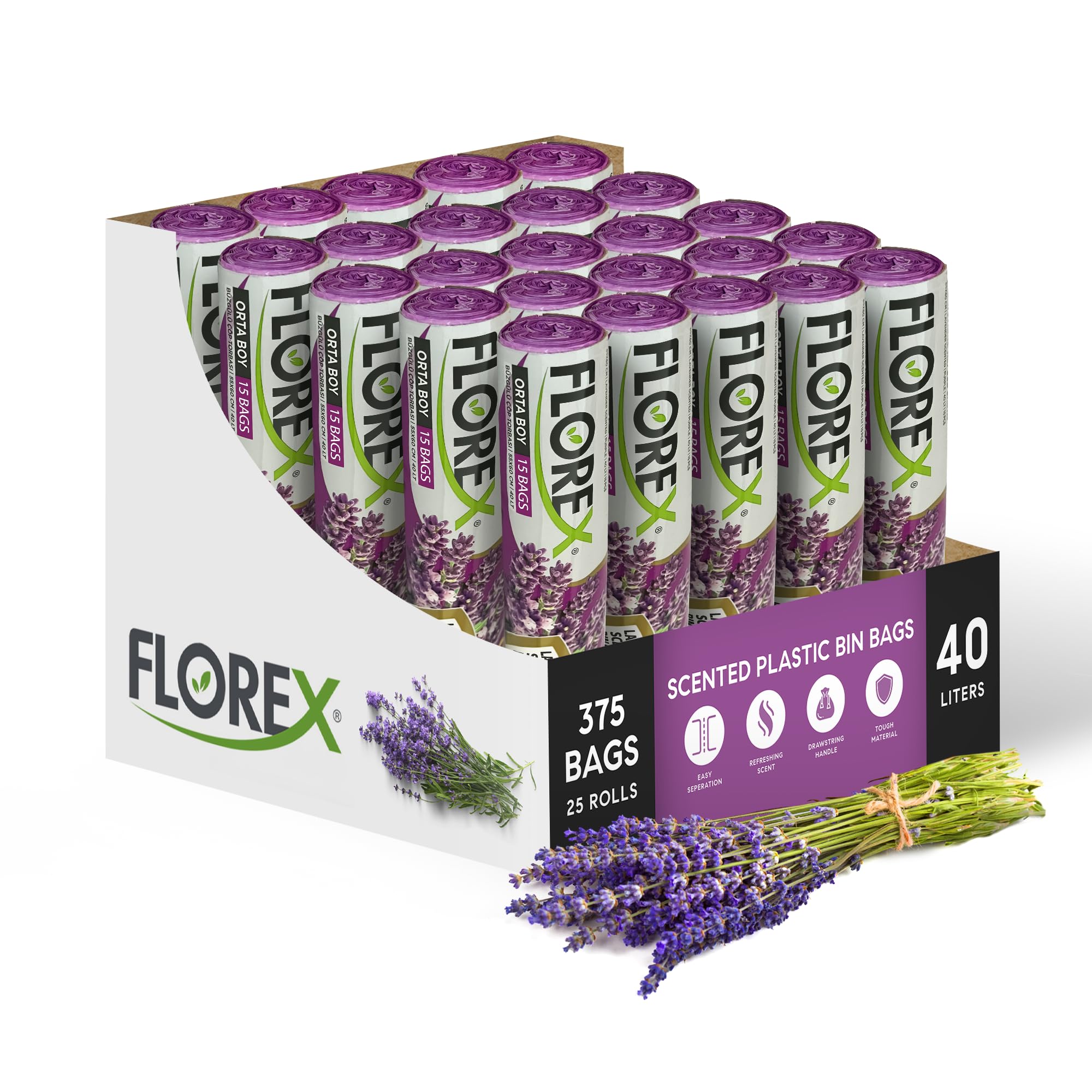 40L Bin Bags Lavender Scented – 25 Rolls (375 Bags), Strong Bin Liners with Drawstring, Pedal Bin Bags for Kitchen, Bathroom, Office, Swing Bin Liners, Leak-Proof Trash Bags