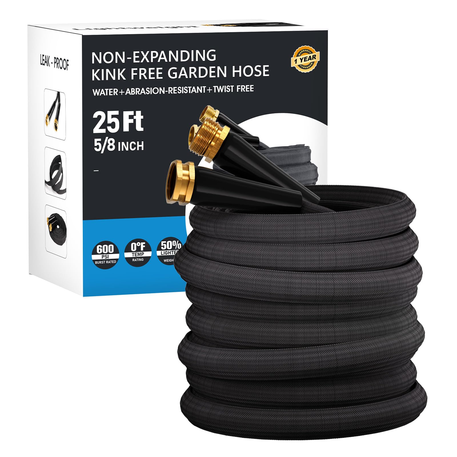25 FT Garden Hose, Non-Expanding Water Hose, Ultra Flexible, Burst-Resistant, Kink-Free, High-Pressure Garden Hose for Easy All-Weather Use on Lawns, Gardens, and Outdoor Cleaning