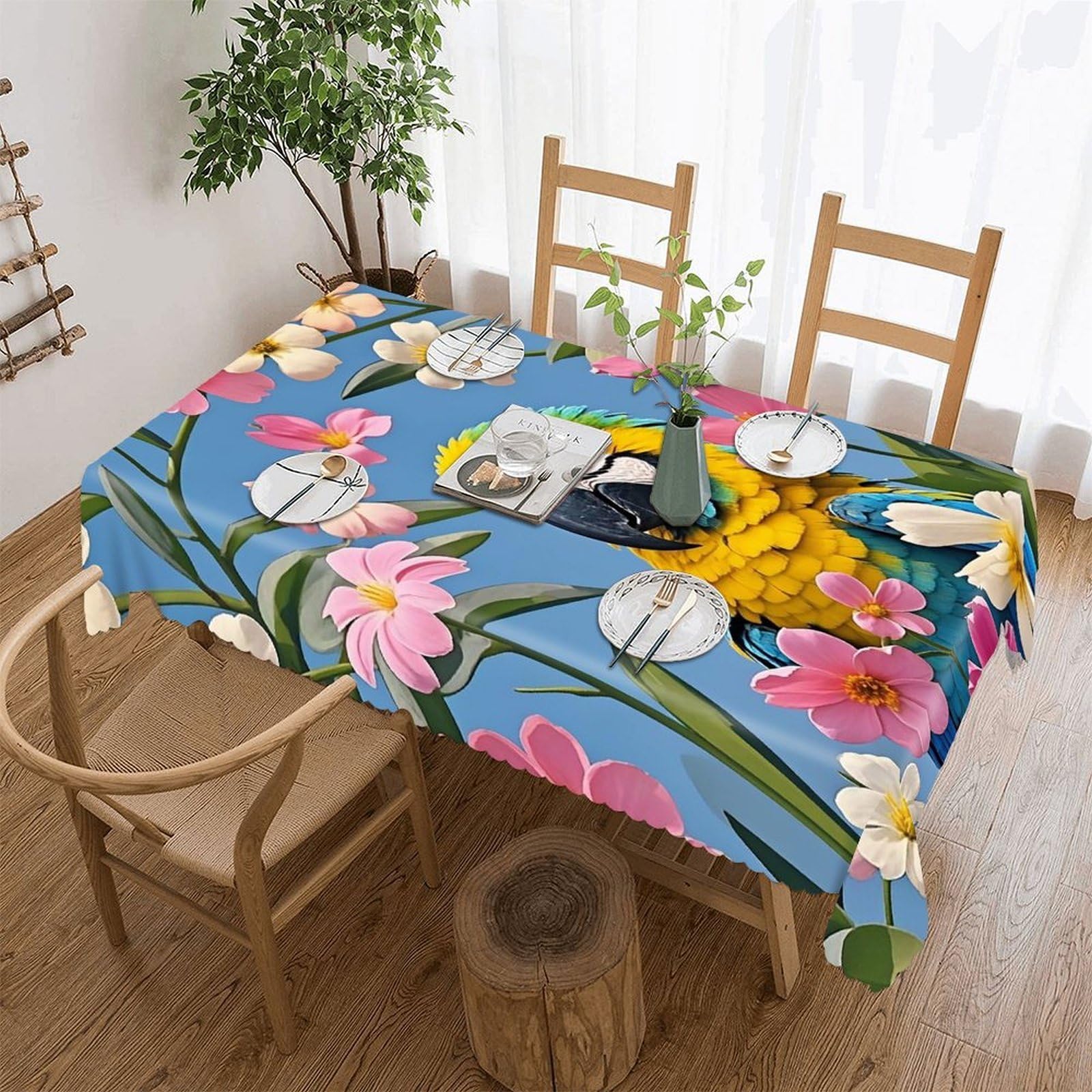 Lots of Flowers And Birds Tablecloth Rectangle Table Cloth Decorative Fabric Table Cover Waterproof Seasonal Table Cover Wrinkle Resistant Washable Table Cloth for Party Picnic Dinner Decor 55"x70"
