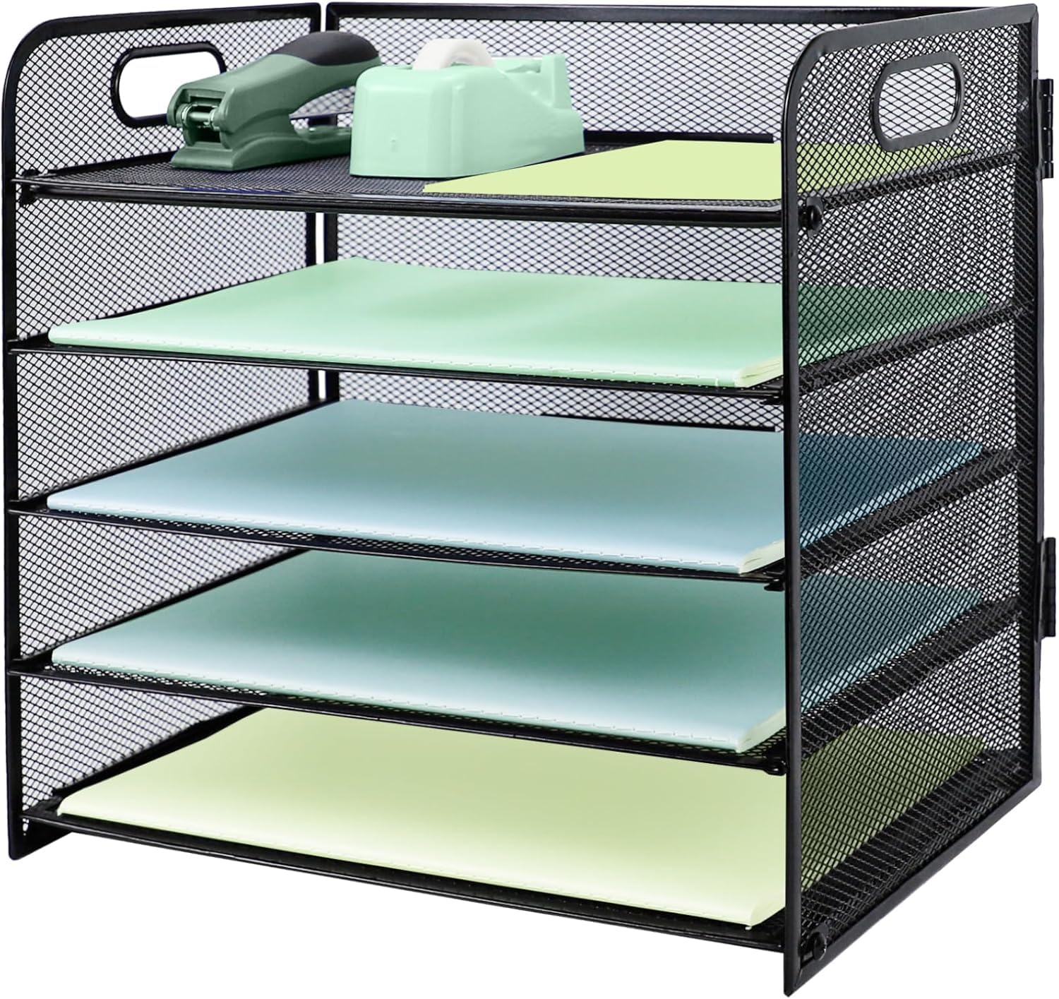 Paper Letter Tray with Handle, 5 Tier Metal Mesh Desk File Organizer, A4 Paper Desktop Filing Trays, Desk Tidy Magazine Document Holder for Home Office, Sky Blue