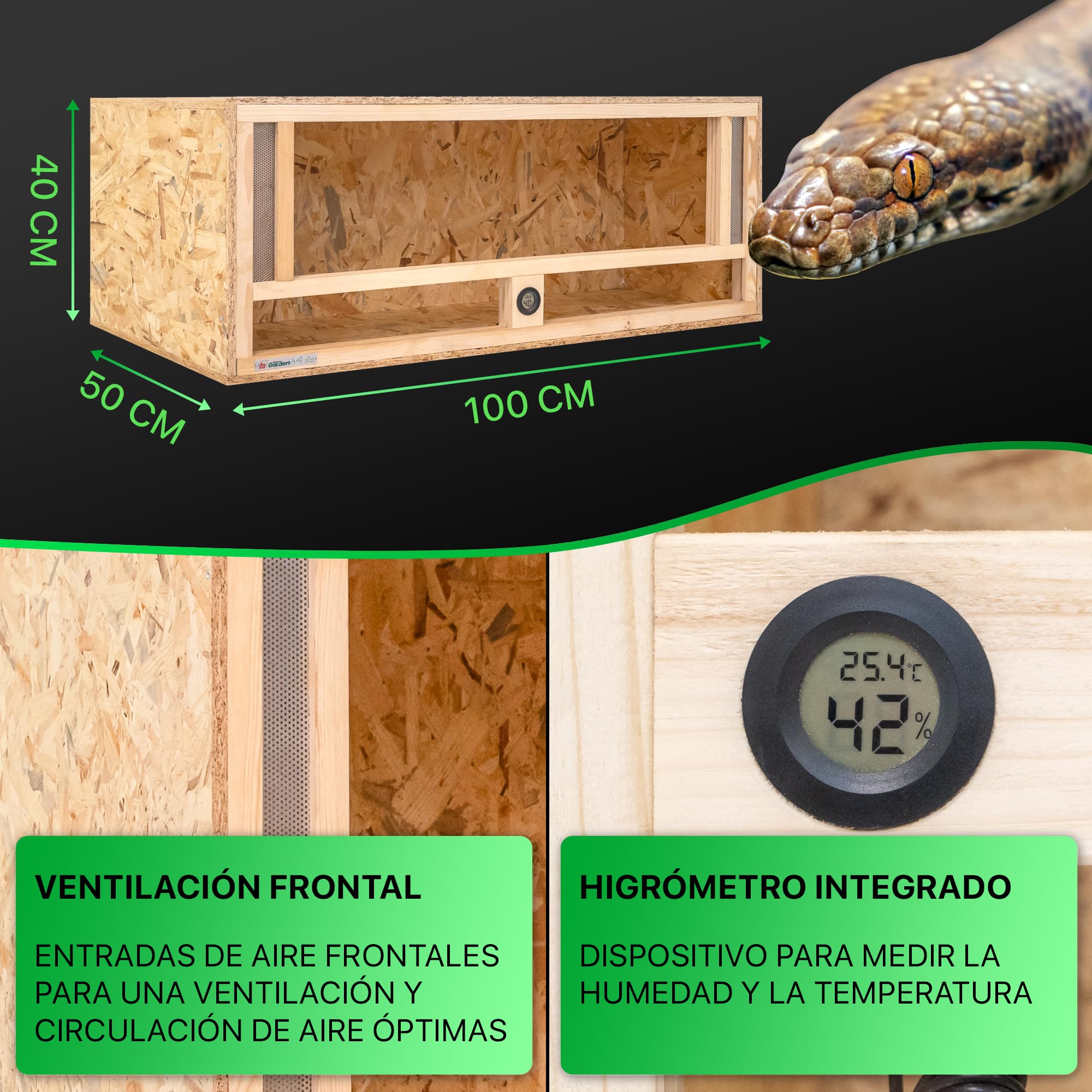 ITA Terrario de Madera 100x50x40 cm con ventilación Frontal e higrómetro Integrado - Terrarios de OSB-3 - para Reptiles, Serpientes, Anfibios - Producto UE, Certificado FSC