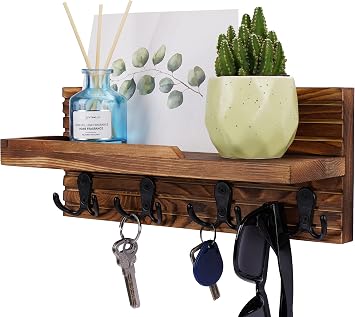 Decorative Key Hanging Rack with 4 Double Hooks Easy Install Natural Wooden Key and Mail Holder for Wall Mount Entryway Decor Rack with Shelf Brown