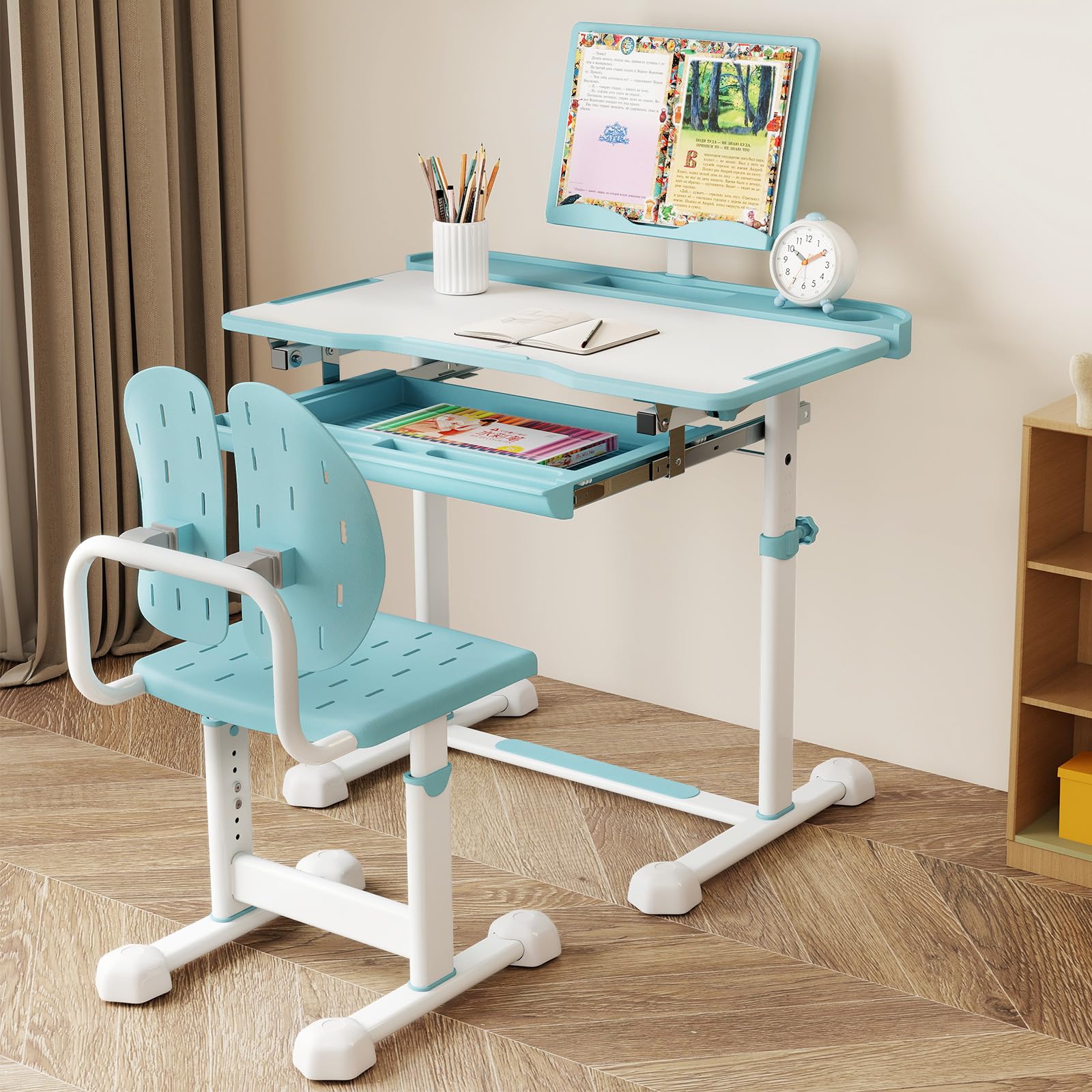 RELAX4LIFE Scrivania per Bambini con Sedia, Set Tavolo da Studio con Piano Inclinabile, Altezza Regolabile, Supporto per Libri, Portabicchieri, Cassetto Estraibile, Sedia Ergonomica (Blu)