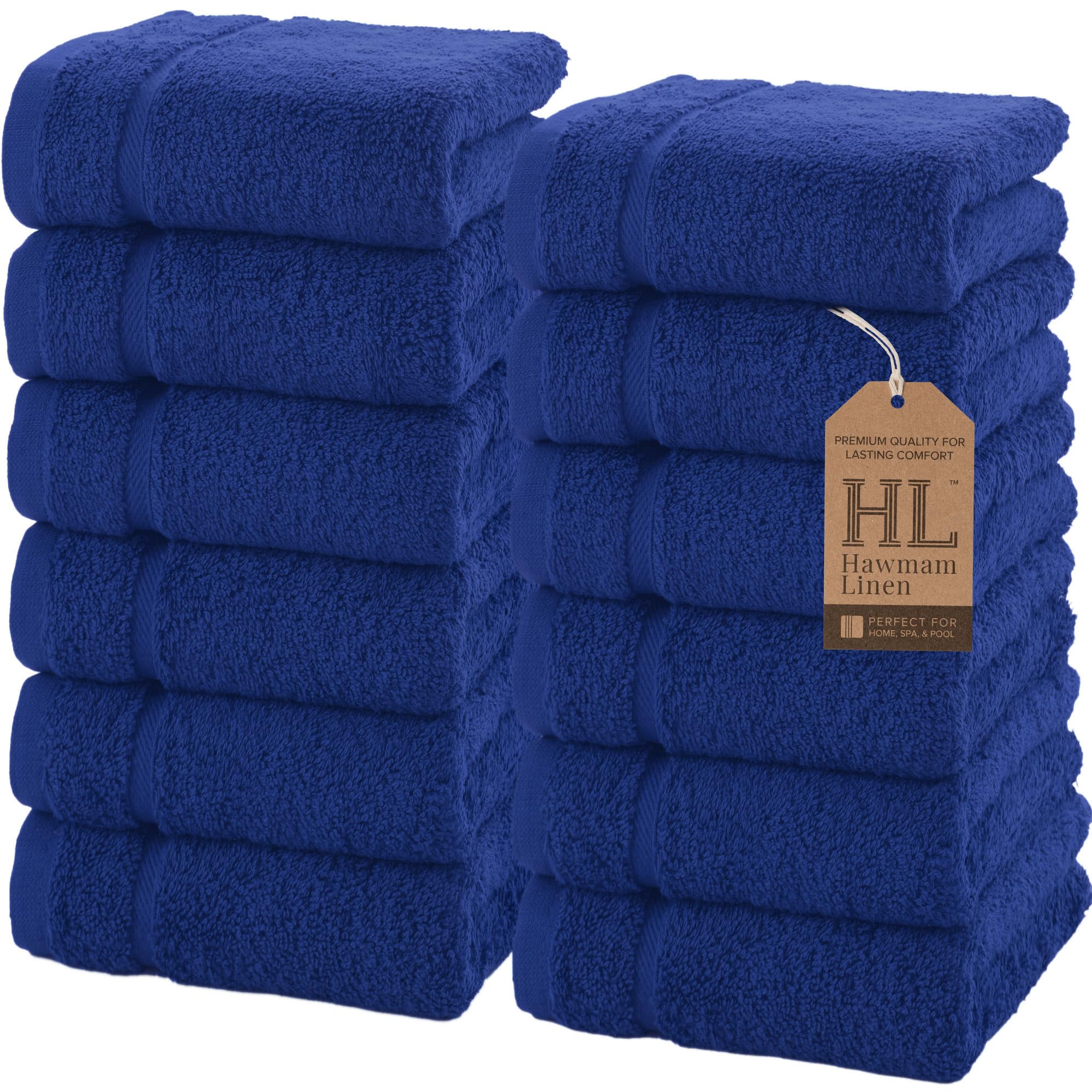 Hawmam Linen Wash Cloths, Turkish Cotton Washcloths, 12 Pack, Royal Blue