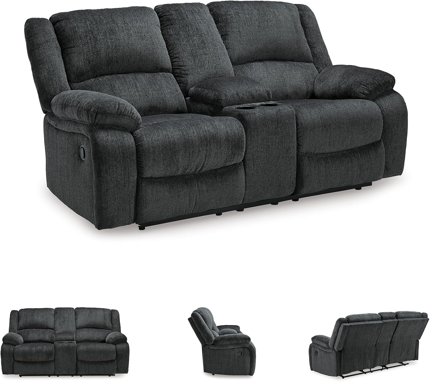 Signature Design by Ashley Draycoll Contemporary Reclining Loveseat with Storage Console and Cup Holders, Pull Tab Reclining, 21" Seat Height, Dark Gray