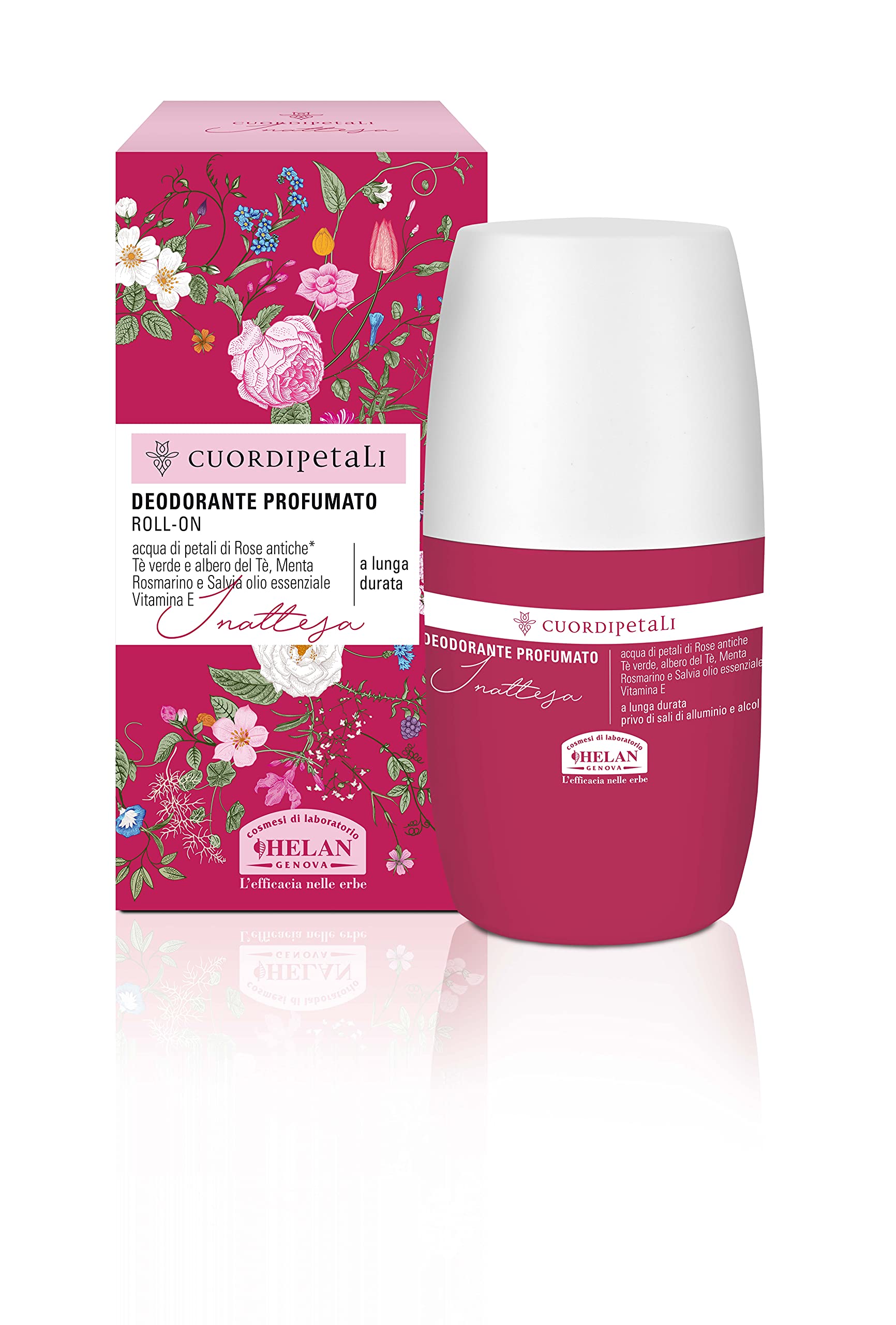 Helan Cuor di Petali - Deodorant Womens Roll on with Vitamin E & Essential Oils, Alcohol Free, Gentle on Skin - Long Lasting Roll on Deodorant Womens with Green Tea & Rose Petals - Made in Italy 50 ml