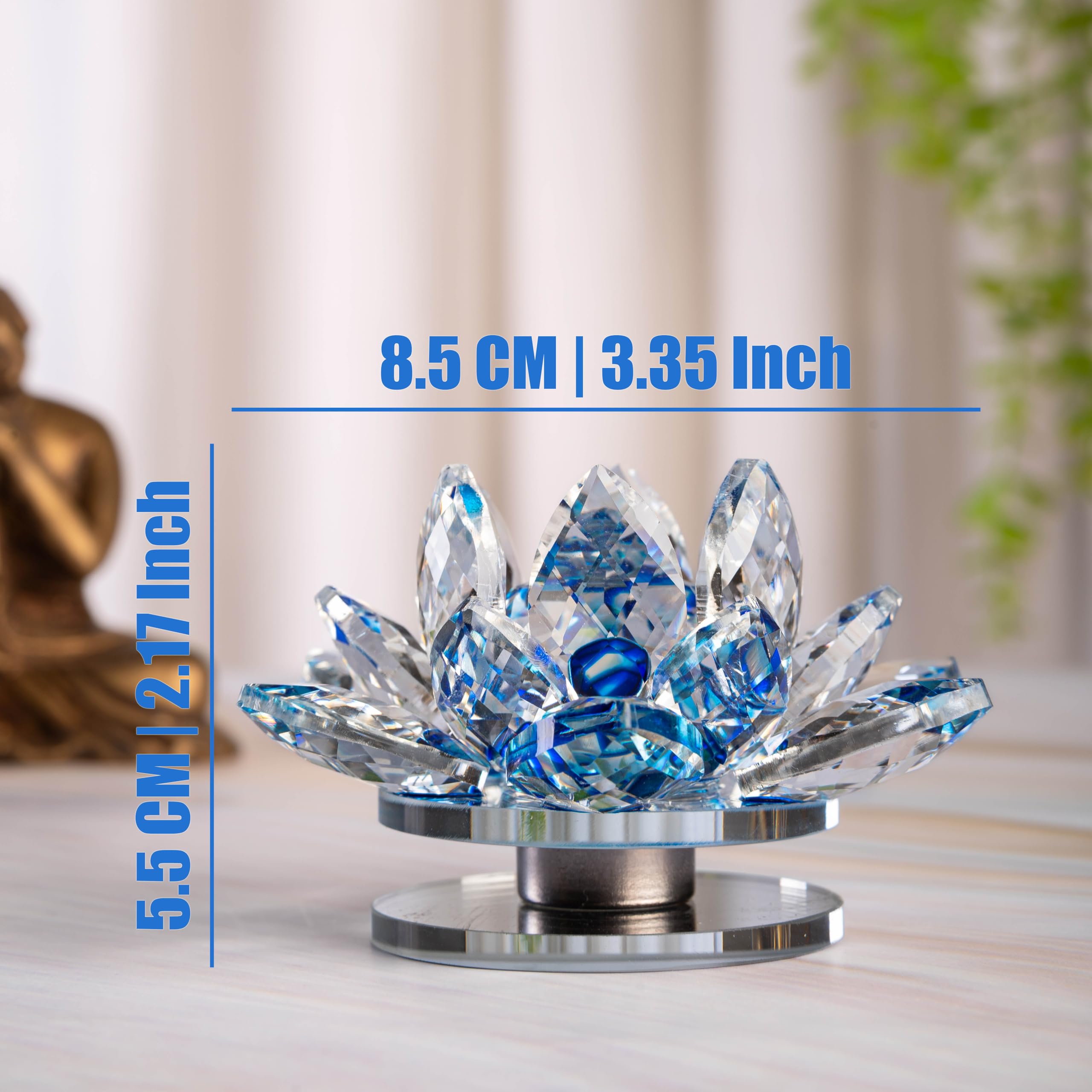 Sajawa FengShui Crystal Lotus Flower Showpiece & Paper Weight | Vastu Decor for Home & Office | Desk Decoration | Feng Shui Items for Good Luck, Home Decor & Gifting | Blue (Small-8.5 x 5.5 CM)