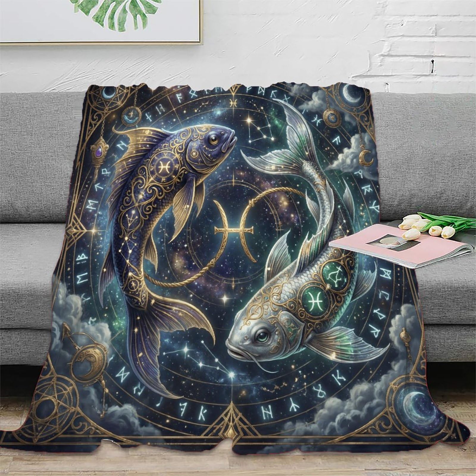 H3B8U2Y5 Pisces Zodiac Celestial Koi Flannel Throw Blanket, Sofa Couch Bed