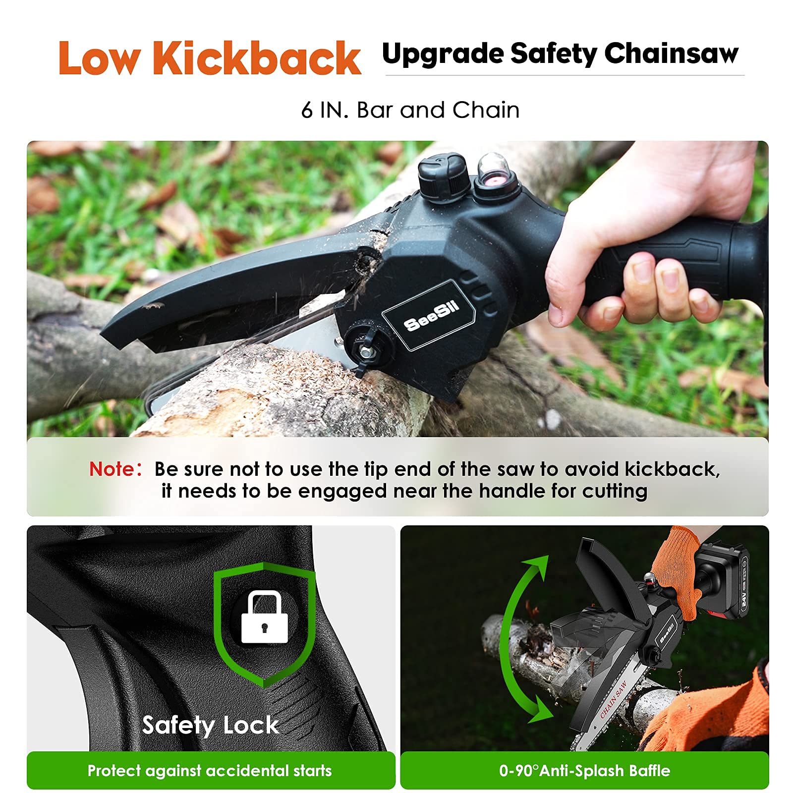 6inch Mini ChainSaw, Seesii Cordless Chainsaw with 2x 2.0Ah Batteries