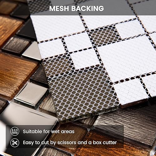 Miniatura 4 de Adedeo Azulejo de mosaico de vidrio marrón y plateado de 12 x 12 pulgadas para pared de baño de cocina, salpicaduras de pared (paquete de 5, 5 pies