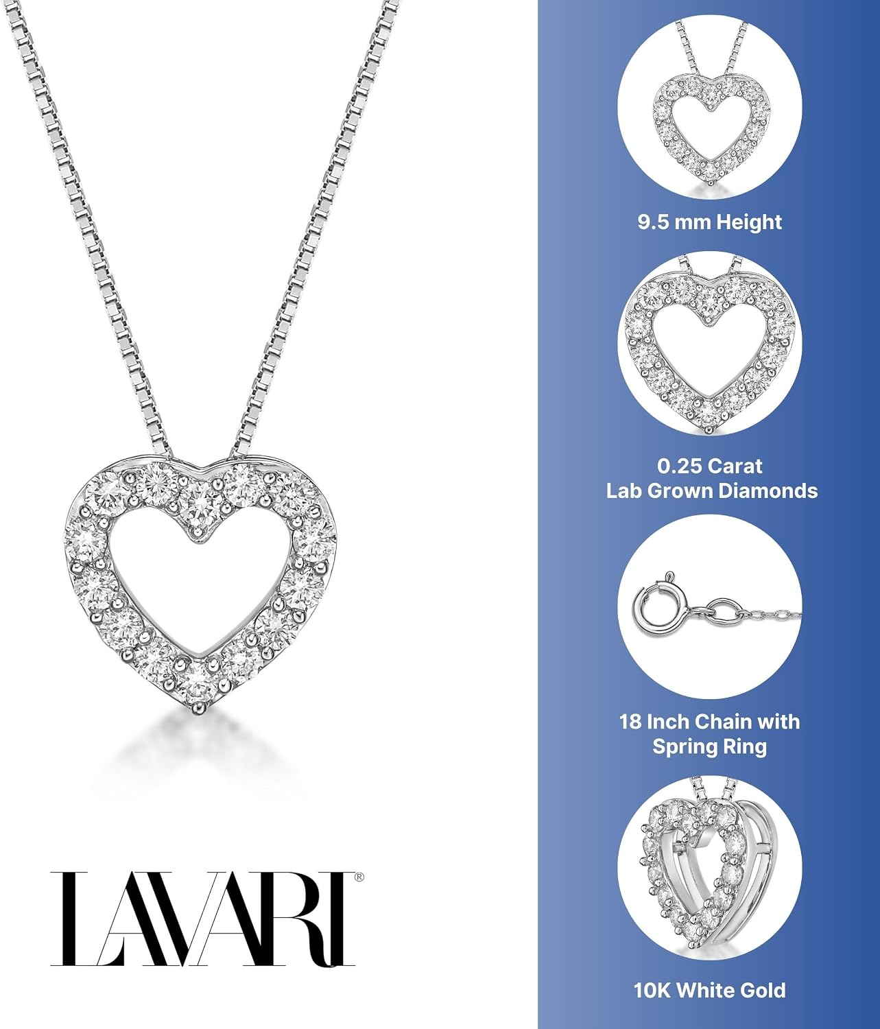 Lavari Jewelers 1/4 Carat Lab Grown Diamond Heart Pendant Necklace for Women in 10k White Gold on 18 Inch Chain (G-H, VS2-SI1, cttw) Spring Ring