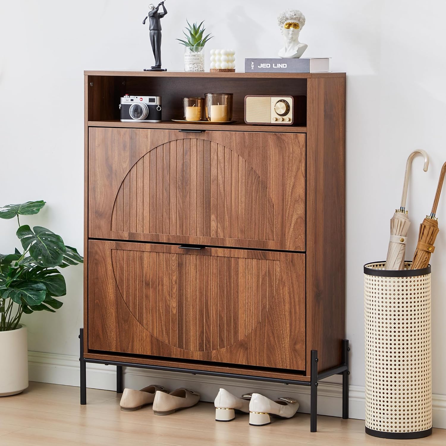 Fluted Shoe Cabinet with 2 Flip Drawers, Narrow Shoes Storage Organizer Rack with Circle Design Panel for Entryway Hallway (Walnut)