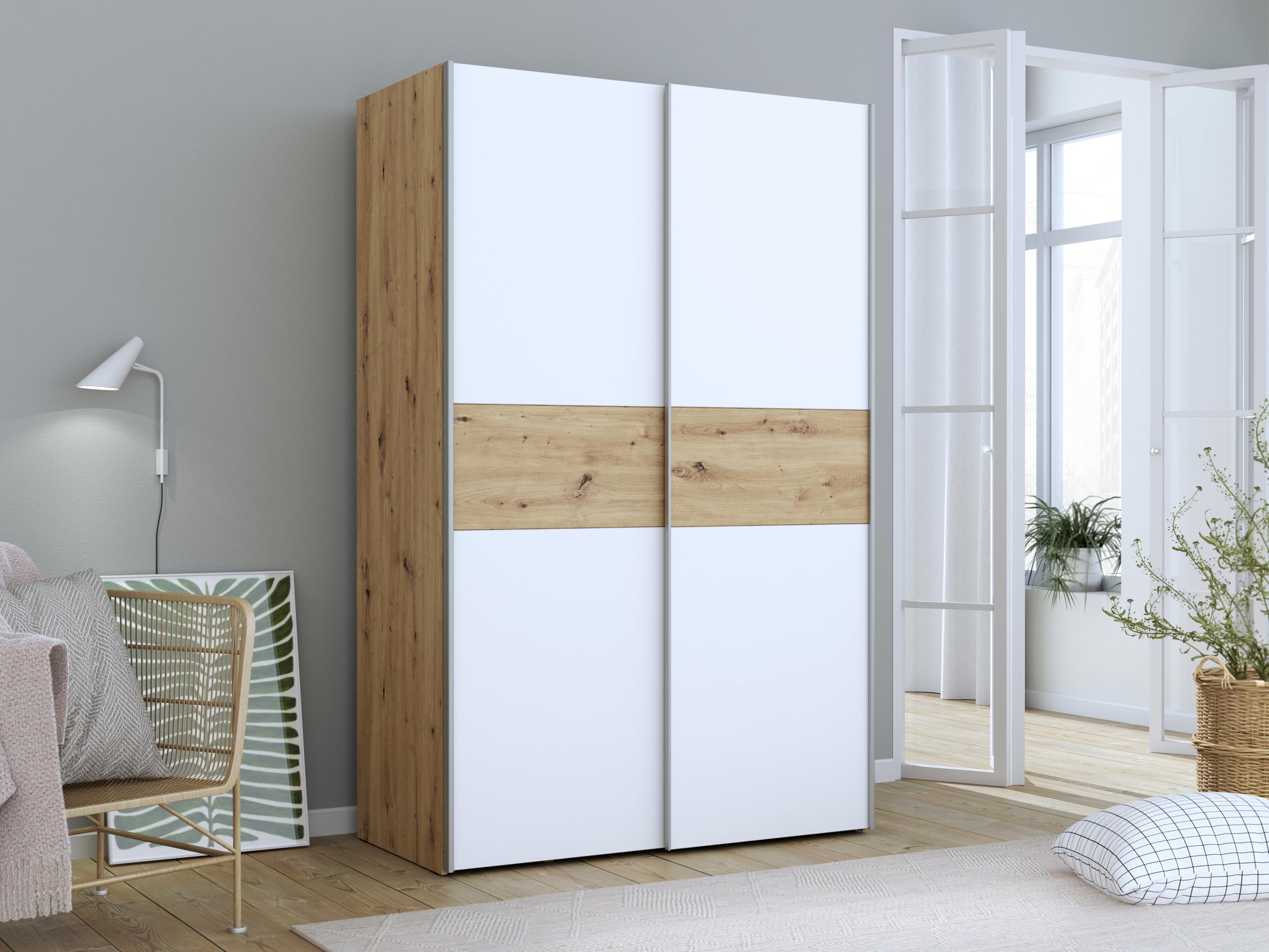 FORTE OZZULA Schrank 120, Kleiderschrank, Schwebetürenschrank, Schlafzimmerschrank Skandinavisch 2-türig Einlegeböden Kleiderstange, Weiß/Artisan Eiche, 120 cm breit x 190.5 cm hoch x 61 cm tief Küche, Haushalt & Wohnen