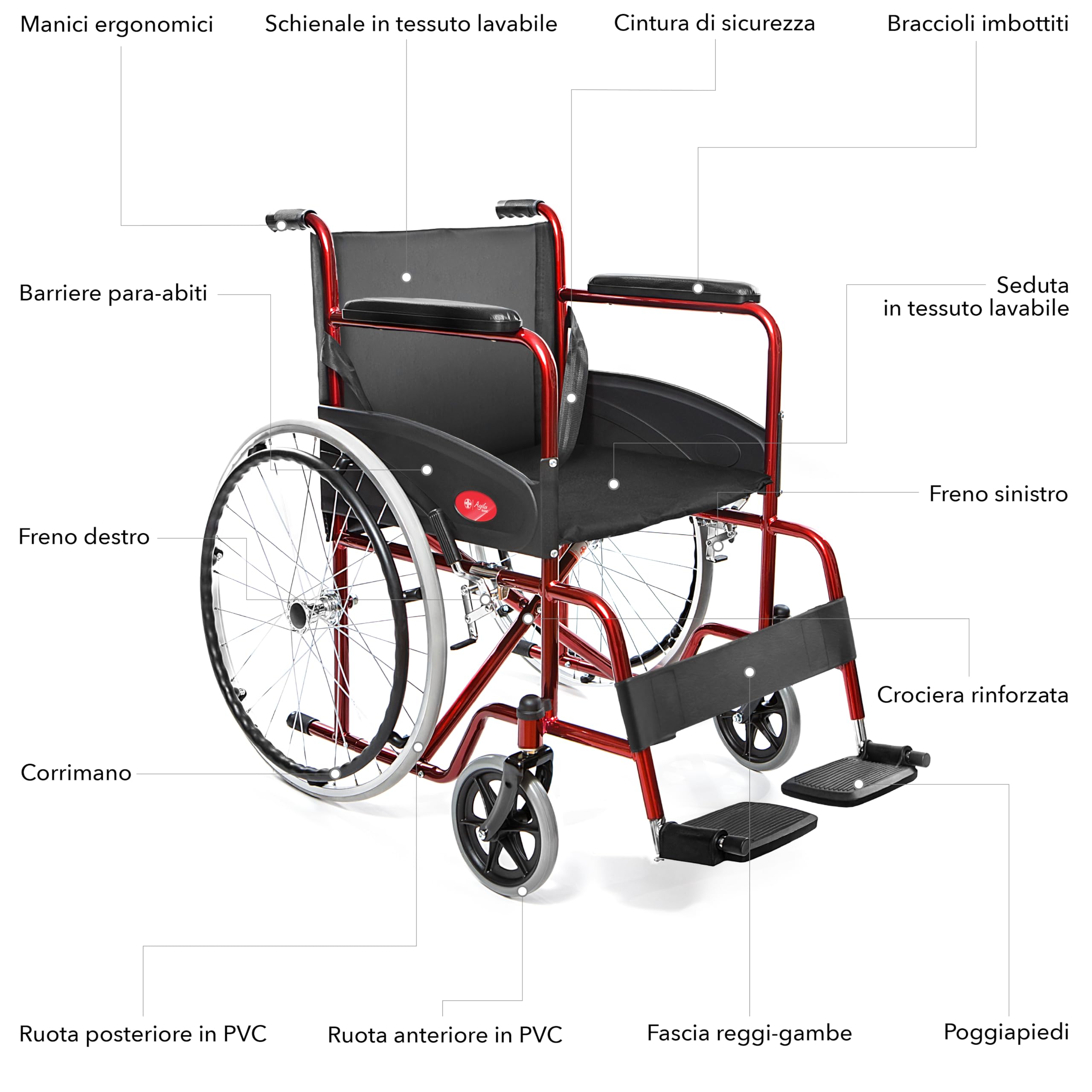 AIESI® Sedia a Rotelle pieghevole leggera ad autospinta per disabili ed anziani AGILA BASIC, Braccioli e Poggiapiedi fissi, Cintura di sicurezza, Garanzia Italia 24 mesi