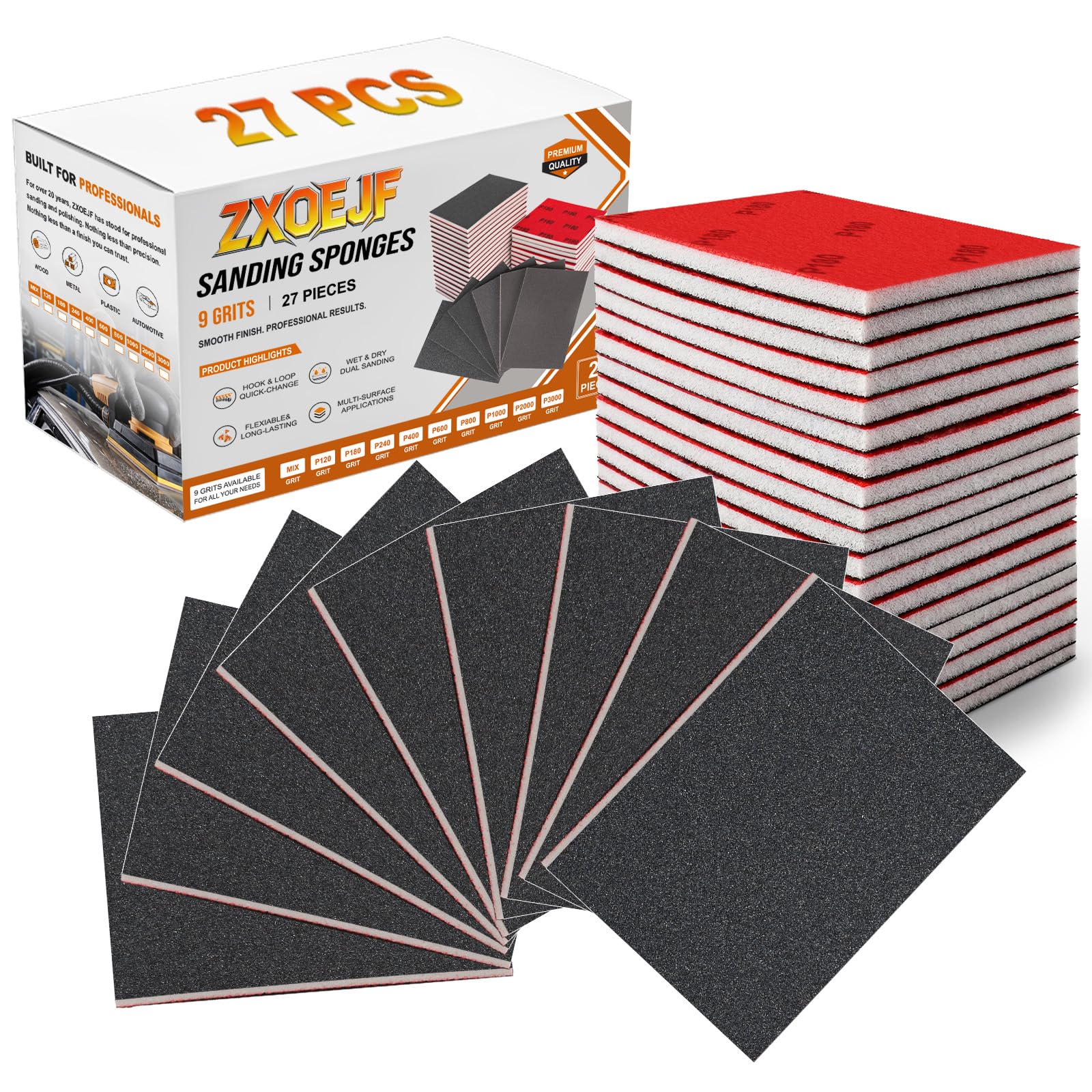 27 PCS 3x4 Inch Sanding Sponge, 180 Grit Sandpaper Pads Sanding Blocks Set
