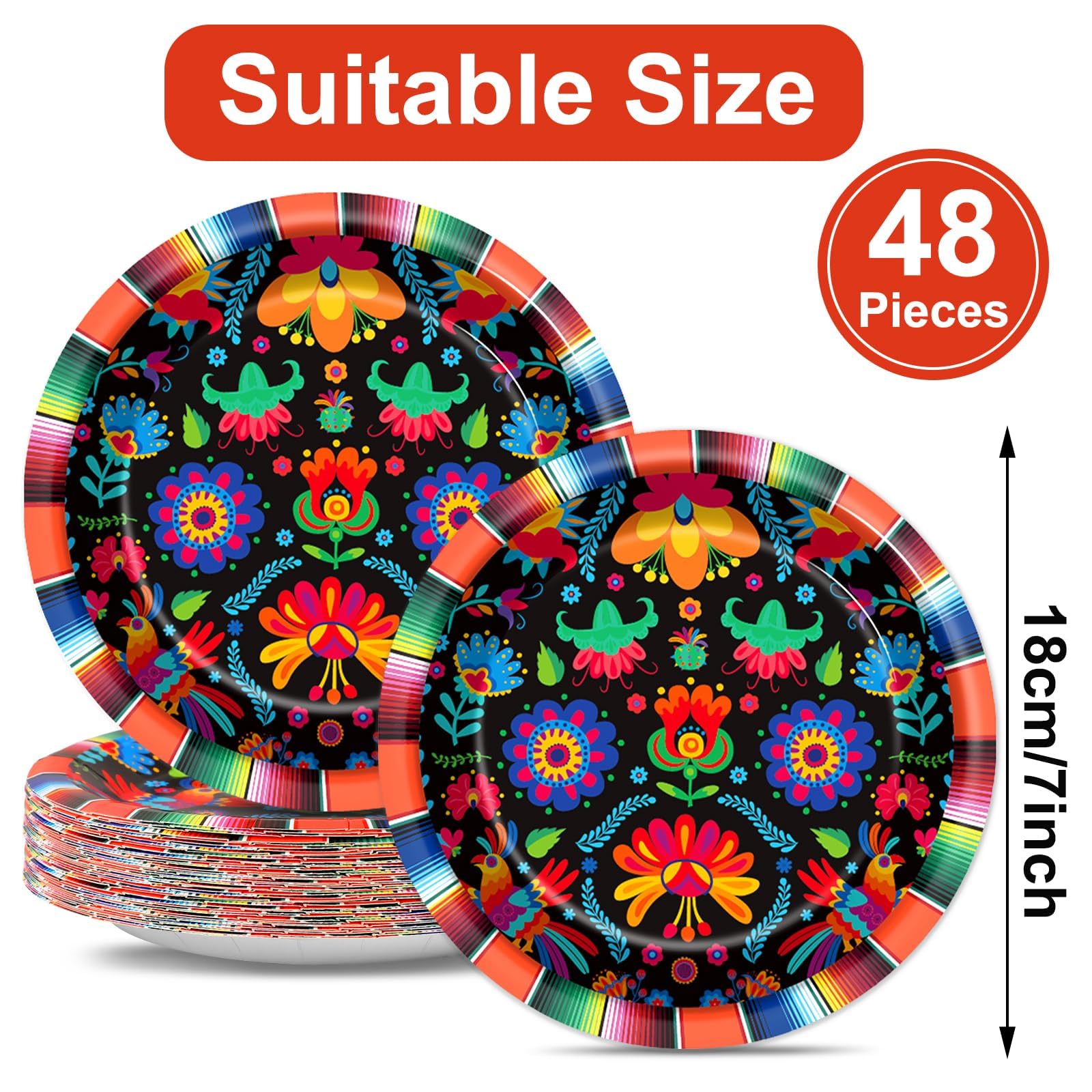 Mexikanische Fiesta-Pappteller, 17,8 cm, Fiesta-Partyteller, Einweg, Mexiko, Mayo, Dessertteller, Dekoration, für Tag der Toten, Dia de Los Muertos, Taco, Tanz, Pinata, buntes Ponchos, Abendessen