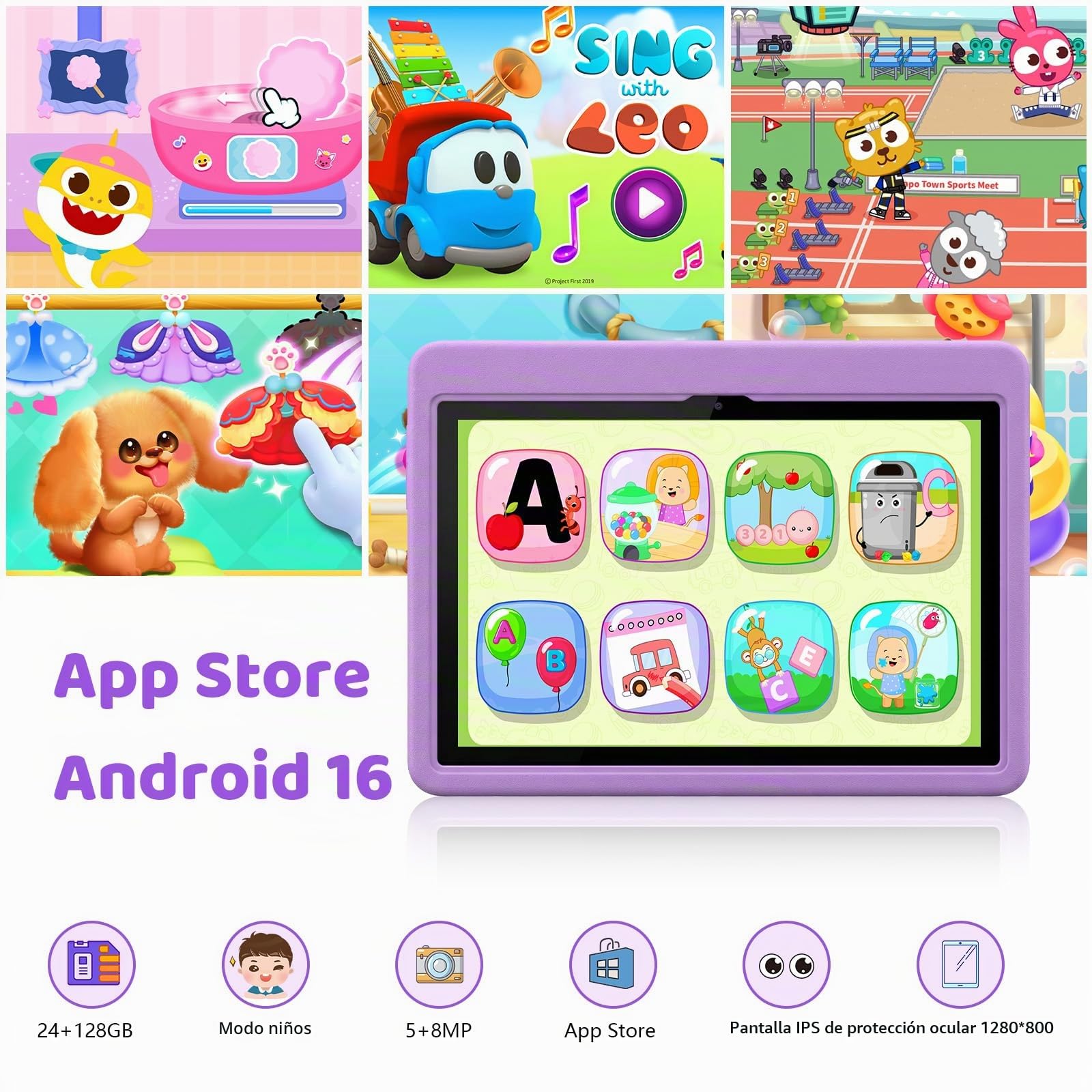 Tablet para Niños 10 Pulgadas, Tablet Infantil Android 16 Cinco Núcleos, 24GB RAM 128GB ROM, Pantalla IPS HD 1280×800, Batería 6000mAh, Control Parental, WiFi 6 Bluetooth (Morado)