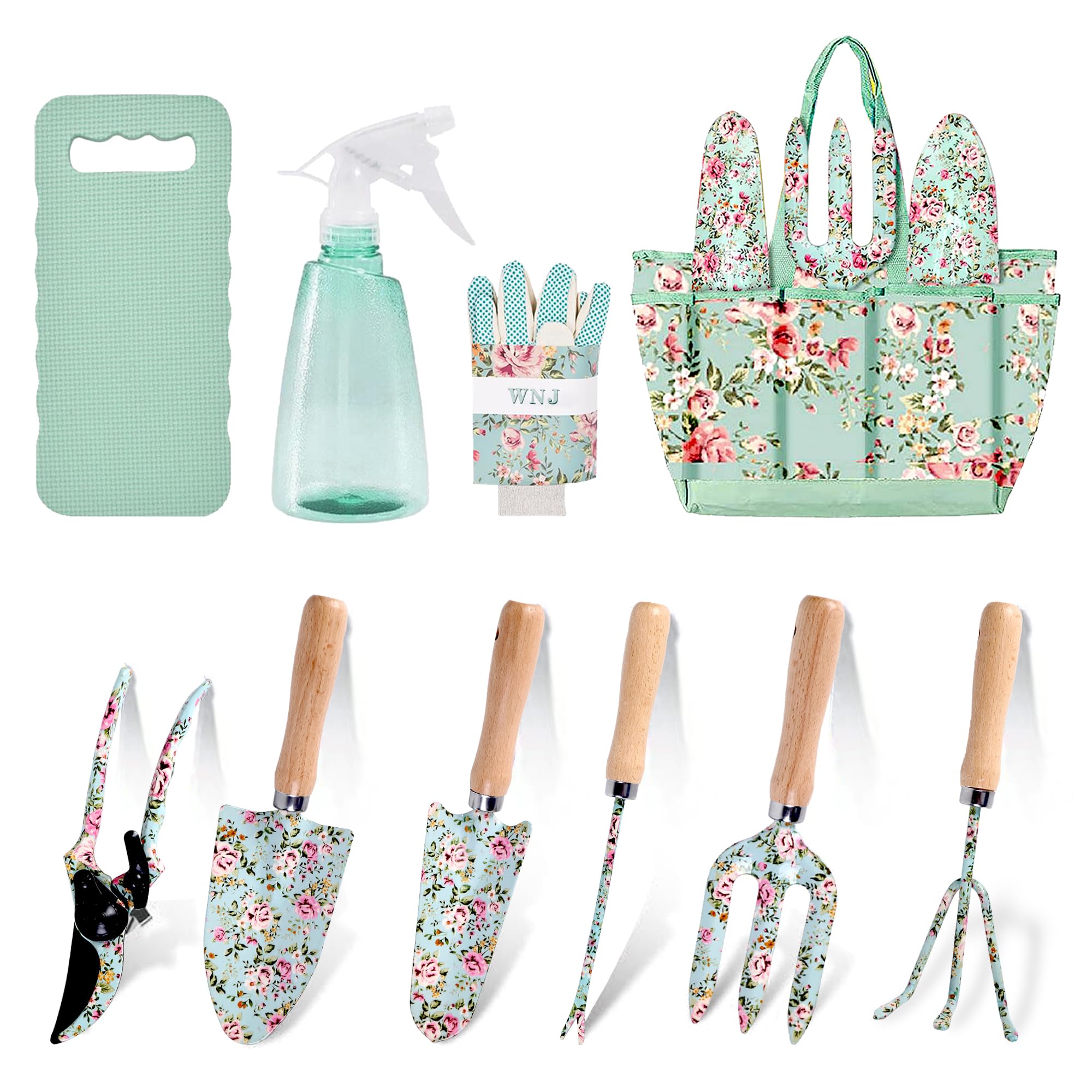 WNJ Gardening Tool Set, 10 PCS Heavy Duty Floral Pattern Garden Tools Set Kit, Complete Gardening Tool Bag Set, with Non-Slip Rubber Handle, Best Gifts for Women