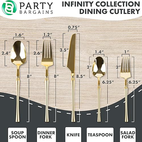 Miniatura 2 de Party Bargains Juego de cubiertos desechables de plástico dorado, utensilios de diseño moderno infinito, paquete de 40 16 tenedores, 8 cuchillos, 16