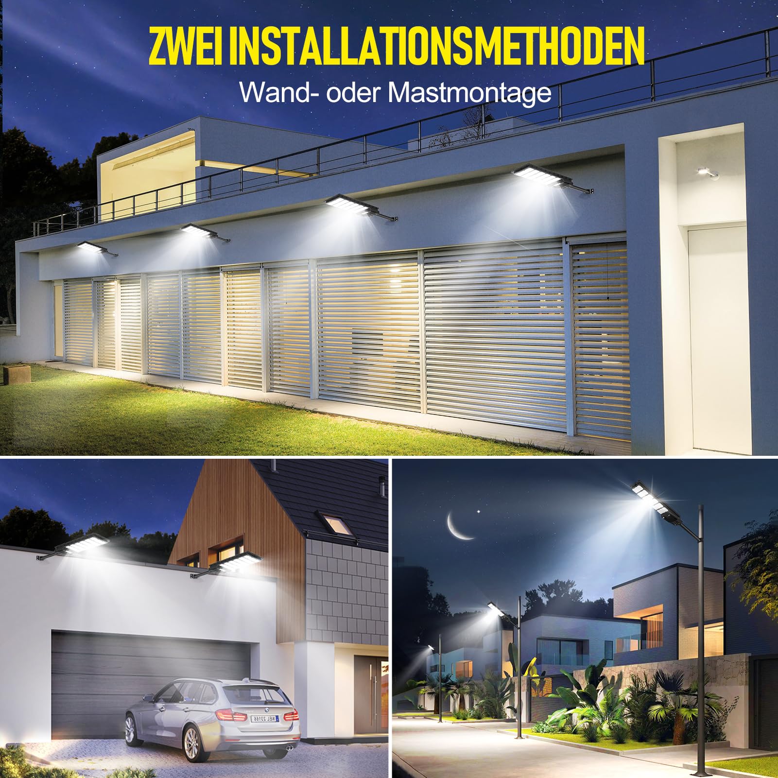 600W Lampione Solare LED Esterno con Telecomando, 6500K 576 LEDs, Sensore di Movimento, 3 Modi, IP65 Impermeabile per Giardino Garage - 2 Pezzi